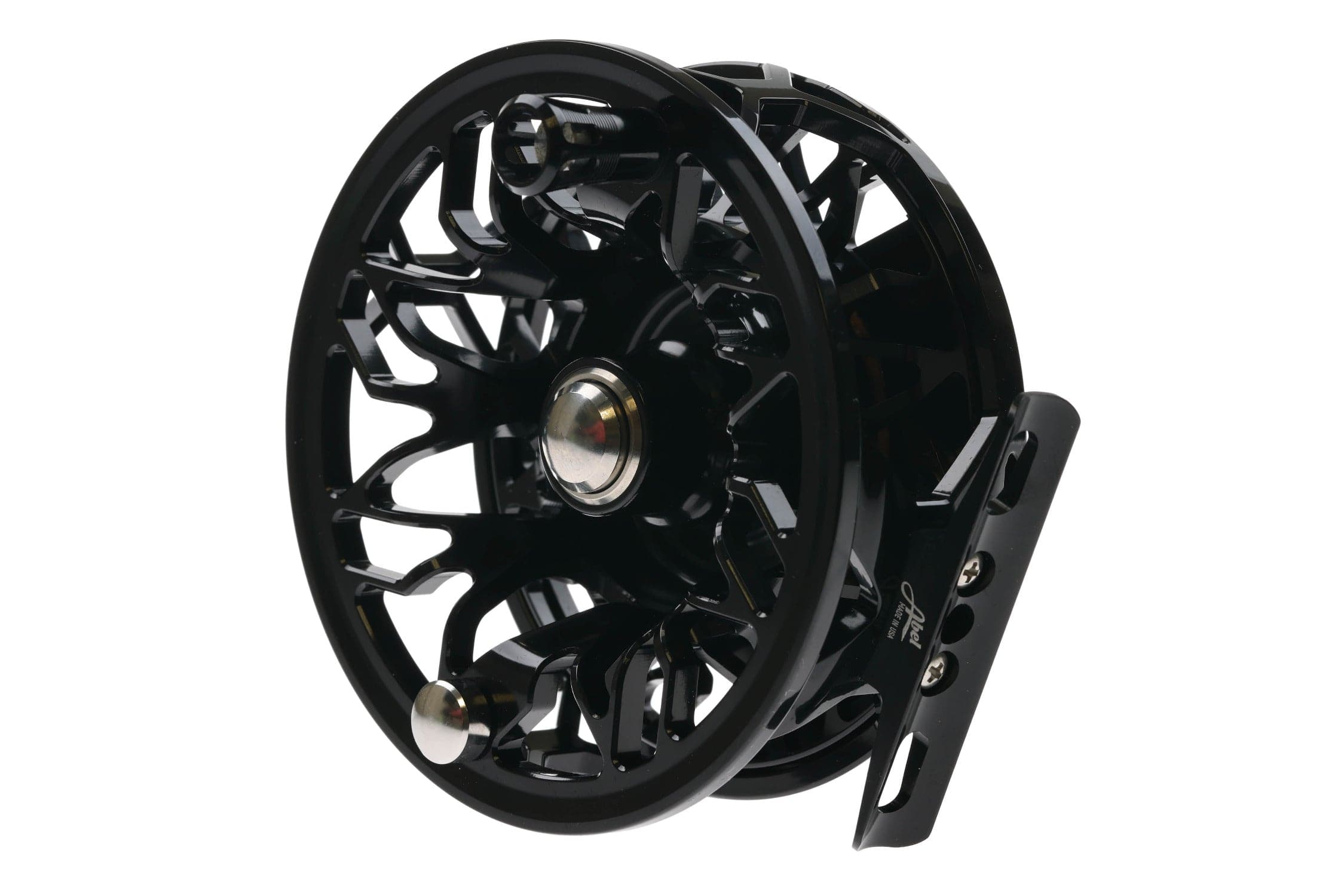 Black anodized aluminum Abel Rove fly reel with skeletonized large-arbor spool and silver drag knob