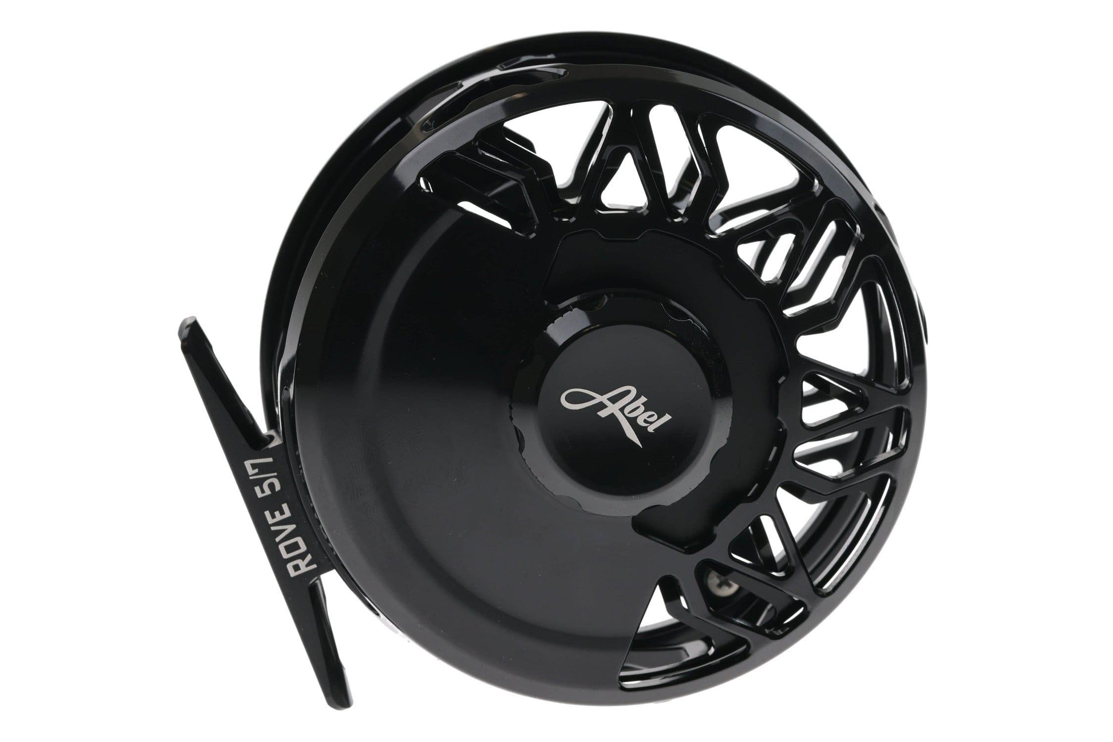 Black glossy anodized aluminum Abel Rove fly reel with skeletal spoke design, Abel logo and Rove 5/7 foot