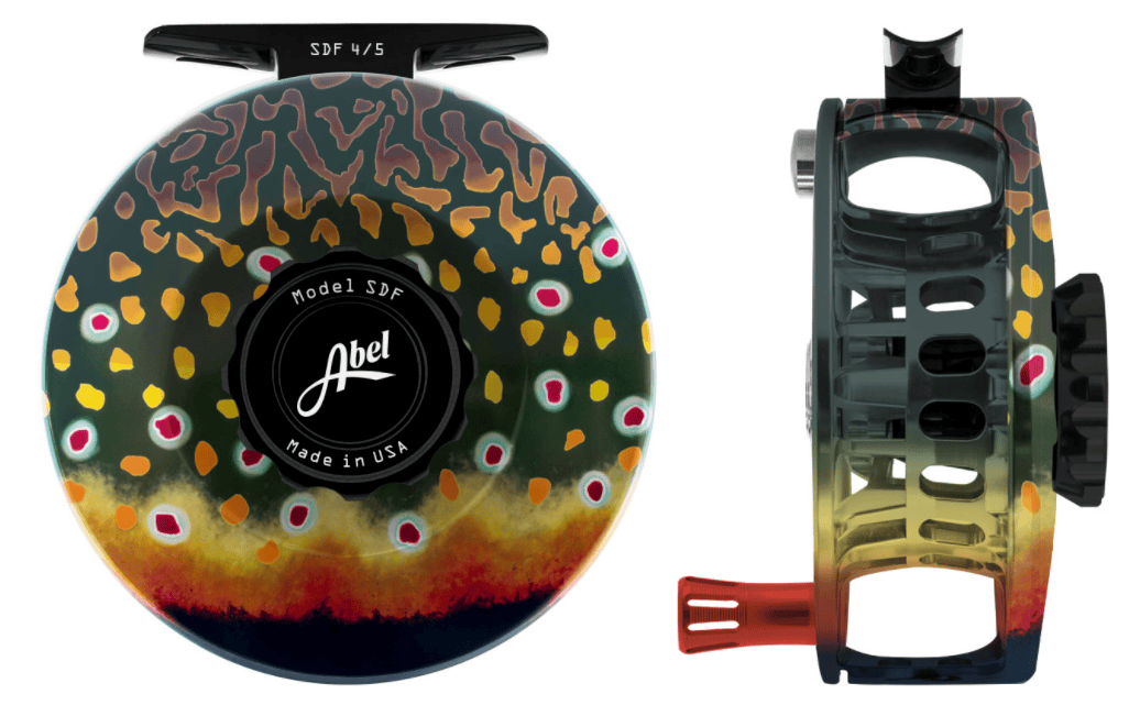 Abel SDF fly reel, front and side views, painted trout pattern on anodized aluminum, black drag knob and red handle