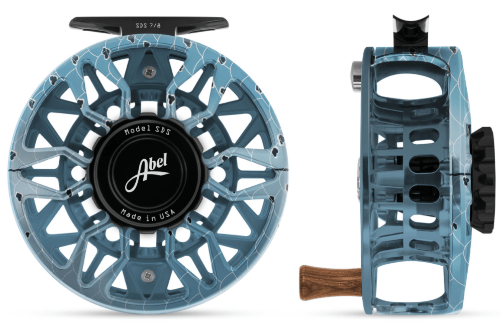 Abel SDS blue marbled aluminum fly reel with black drag knob and wood handle