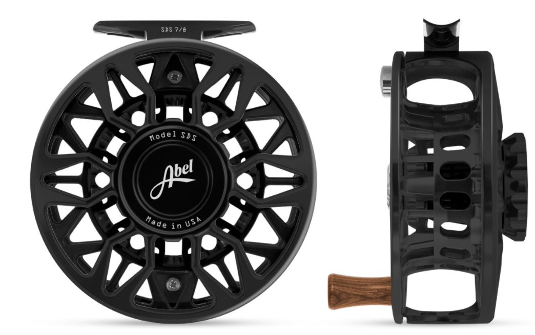 Black Abel SDS fly reel, machined aluminum large-arbor vented spool with wooden handle, front and side views
