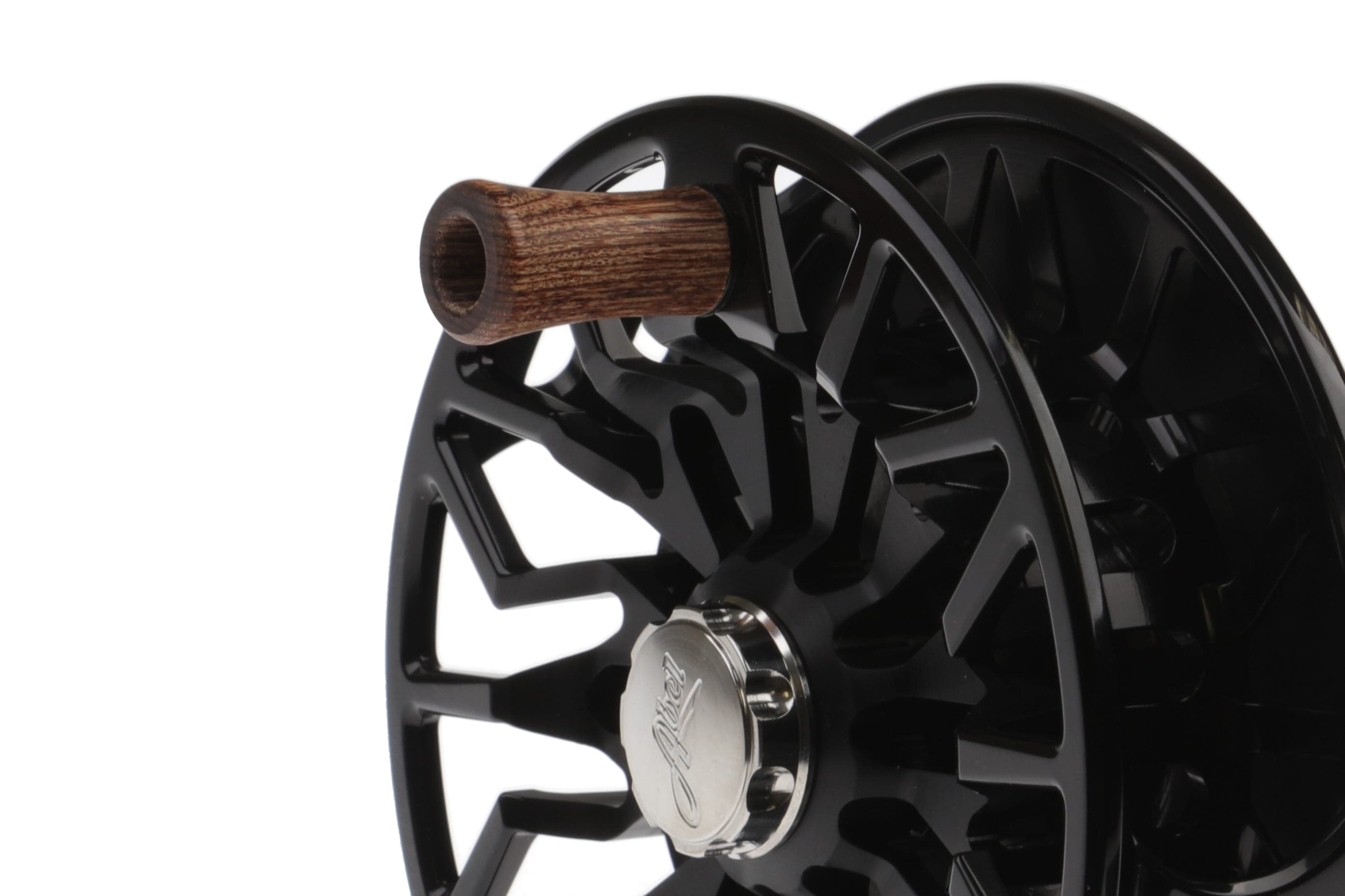 Abel SDS black anodized aluminum fly reel with skeletonized spool, wooden handle knob and silver drag knob