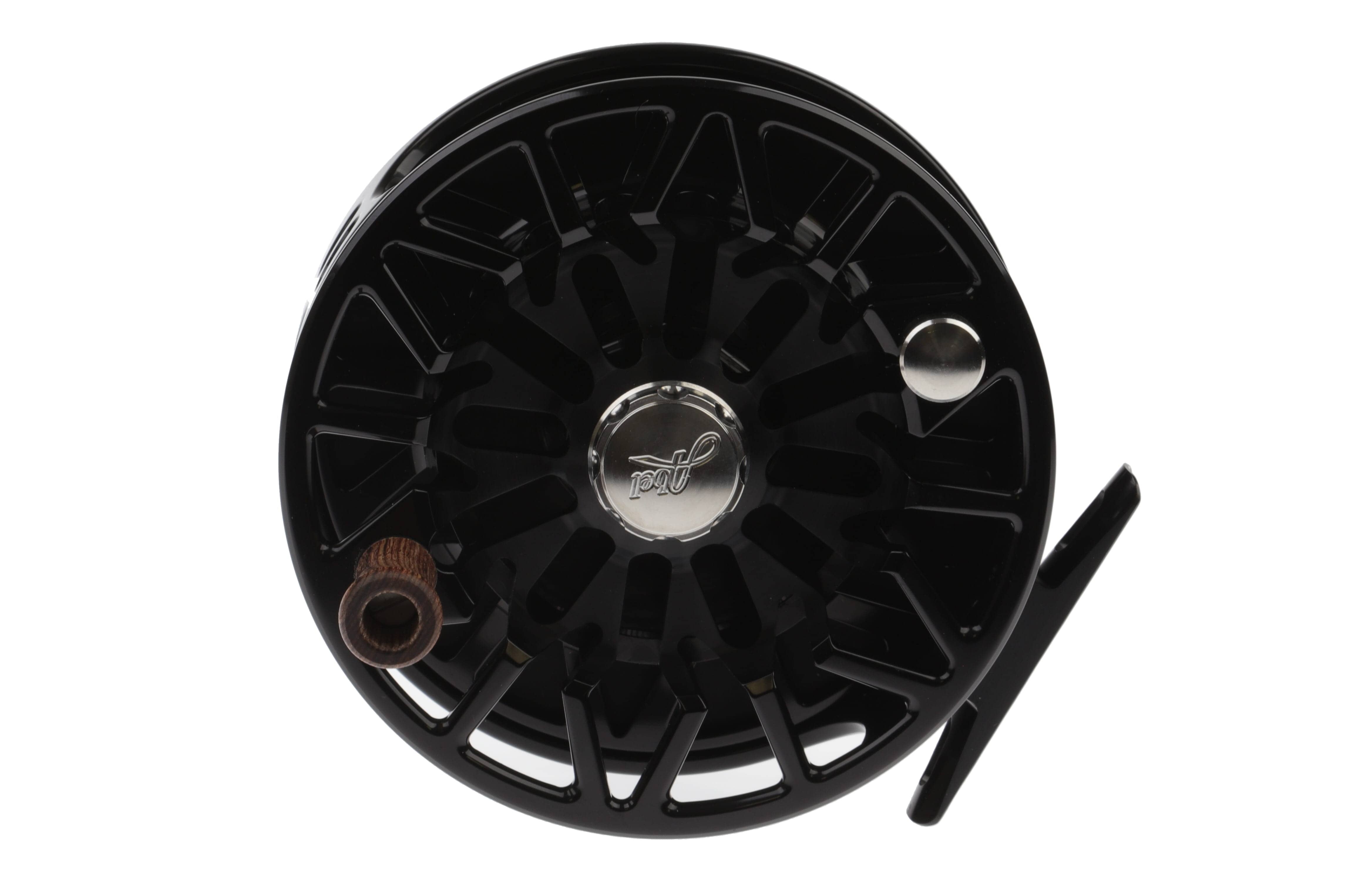 Black Abel SDS fly reel, machined anodized aluminum large-arbor spool with vented spokes and wooden handle knob