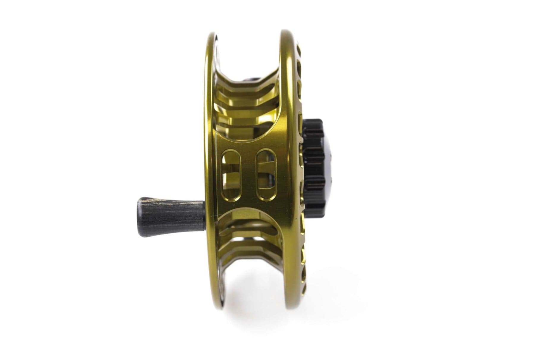 Abel VAYA fly reel in gold anodized aluminum with vented spool design, black drag knob and wooden handle