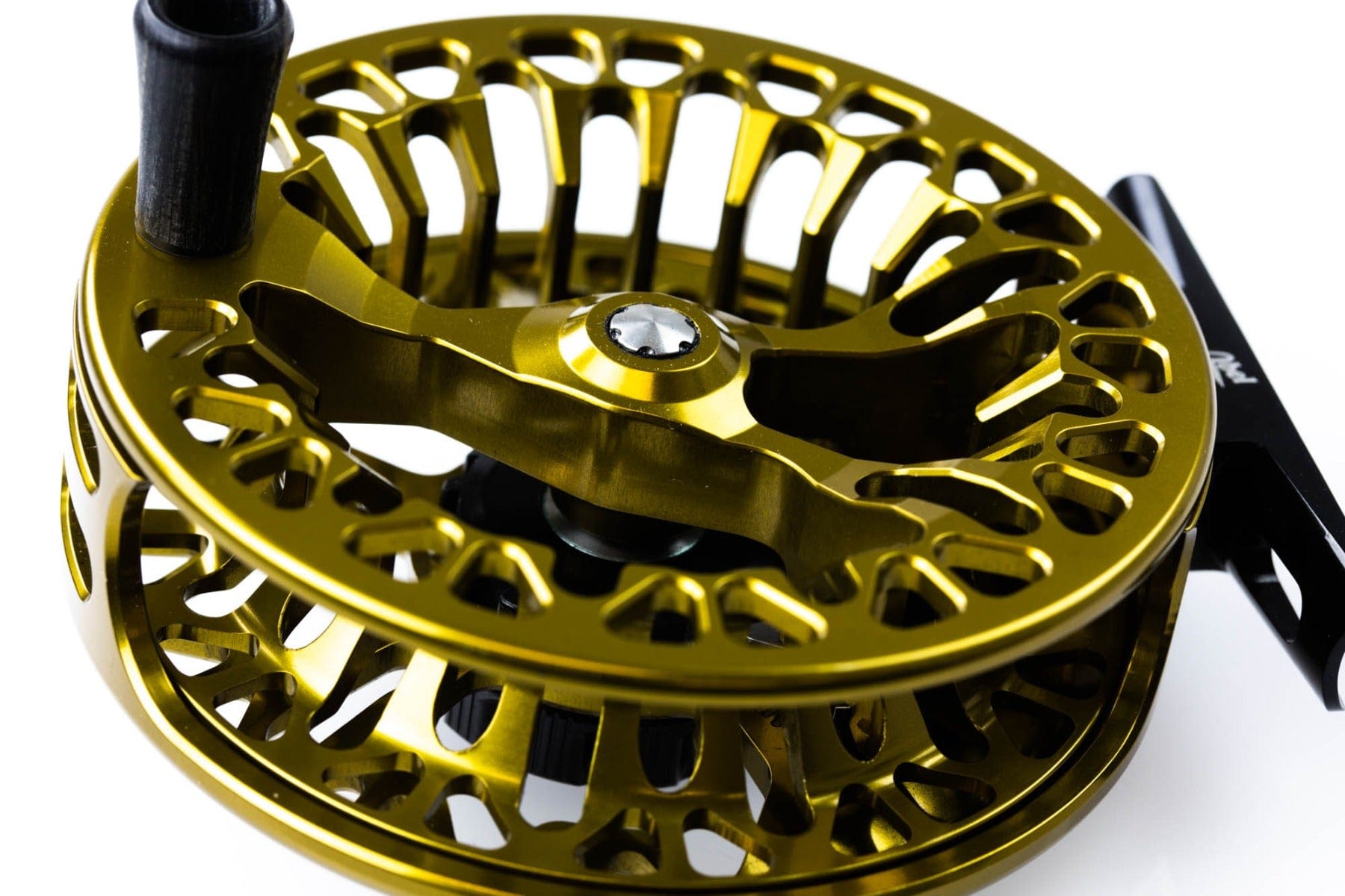 Gold anodized machined-aluminum Abel VAYA fly reel with large-arbor vented spool and black handle