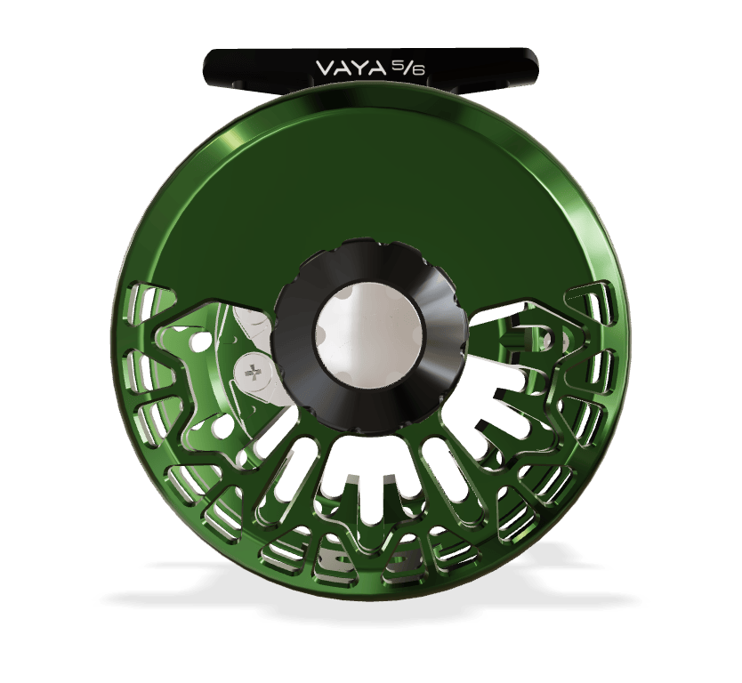 Abel VAYA green machined aluminum large-arbor fly reel with skeletonized spool and black silver drag knob
