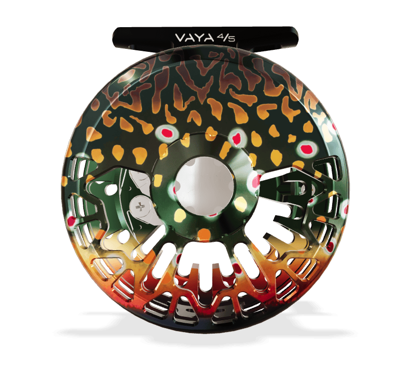 Abel VAYA 4/5 anodized aluminum fly reel with green, orange and yellow mottled camouflage finish and ported spool