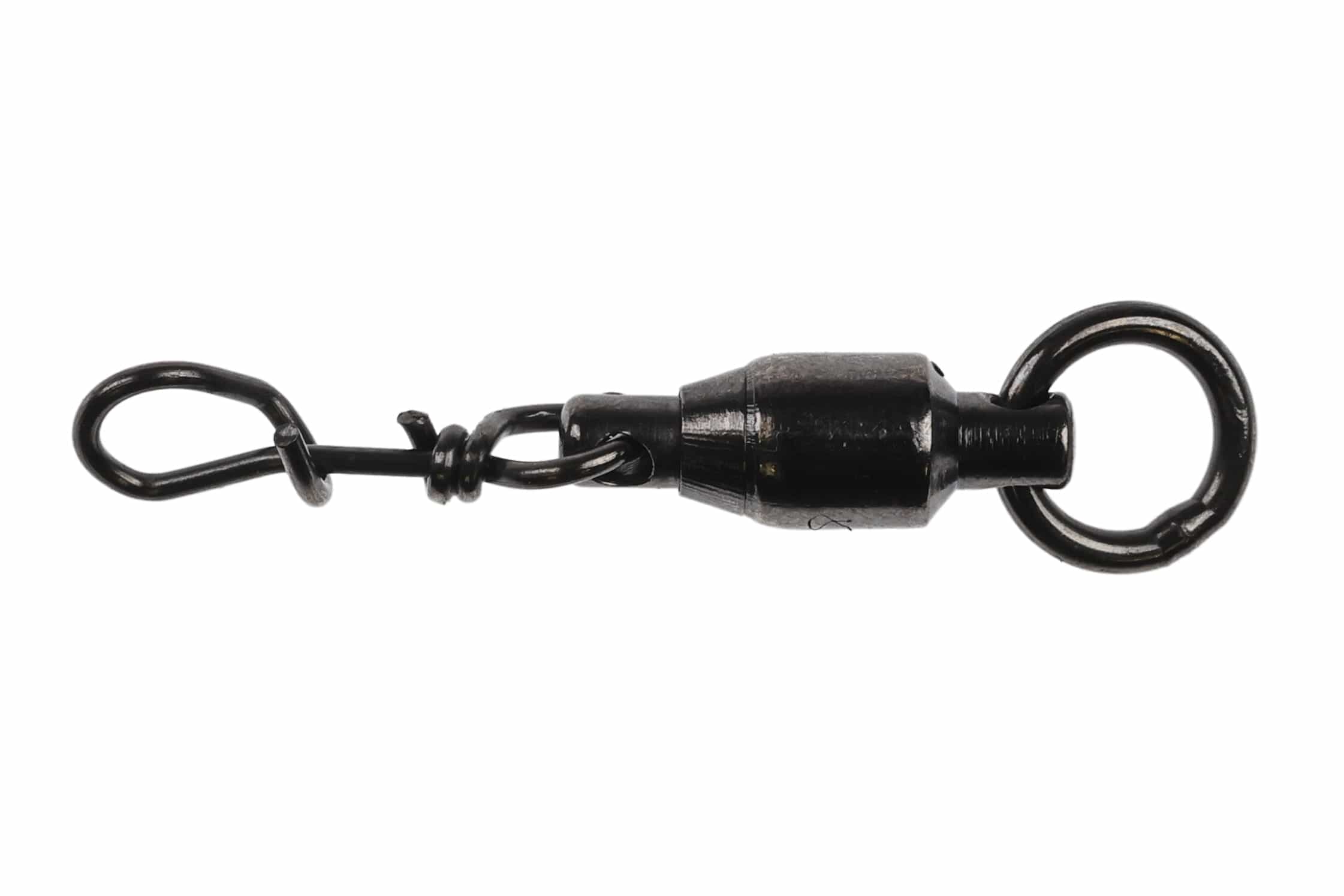 Black metal Ahrex Fastach clip with ball-bearing swivel, split ring and wire snap