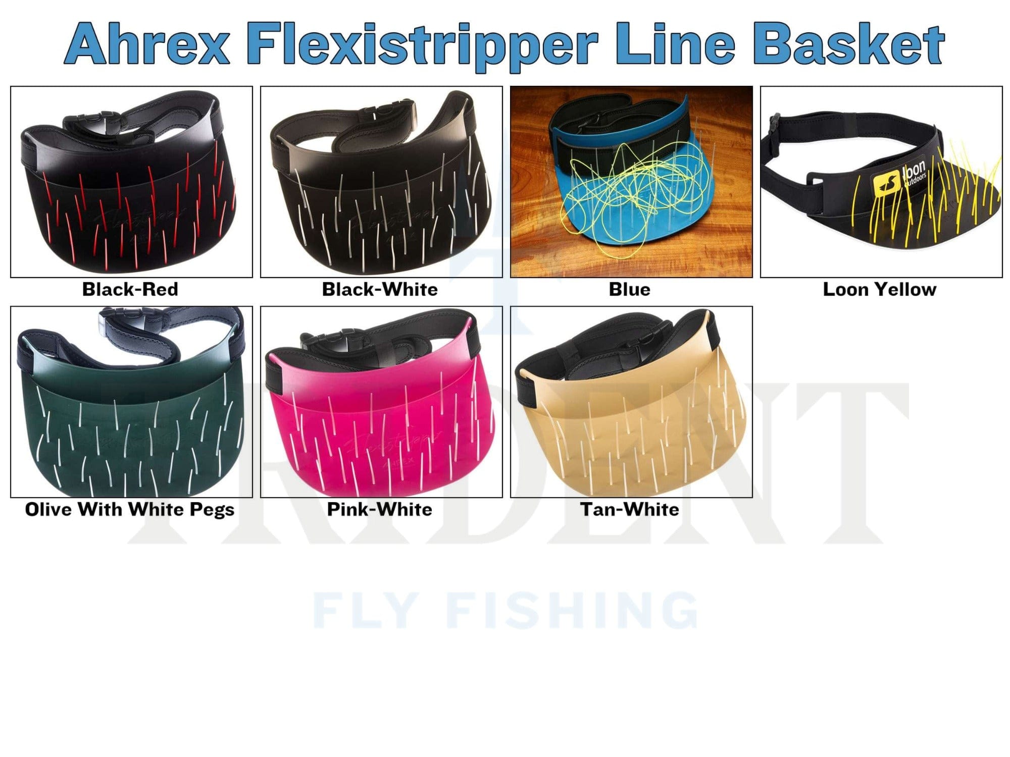 Ahrex Flexistripper line basket, curved plastic visor with flexible pegs and adjustable black strap, shown in assorted colors