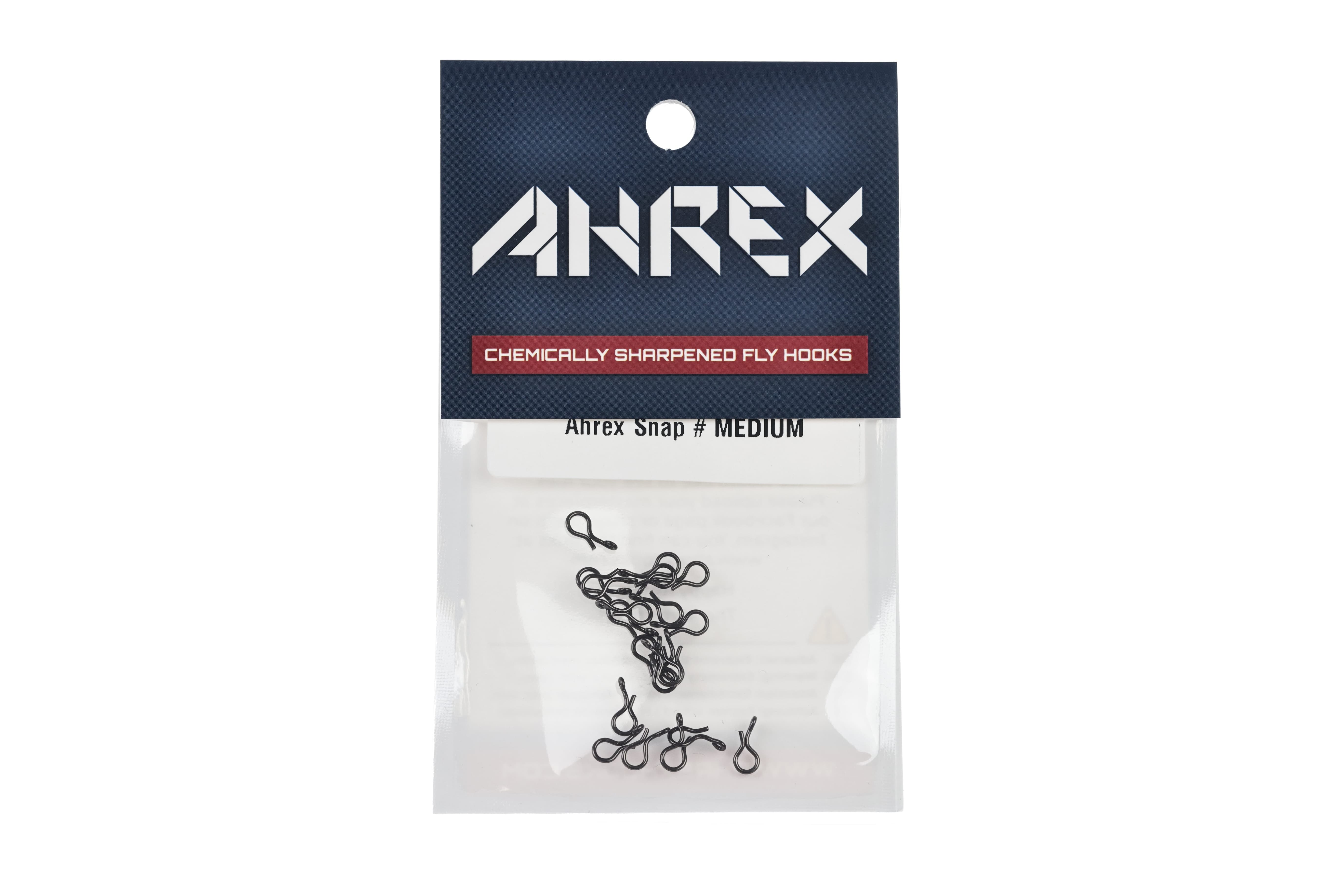 Ahrex Snaps pack with black metal fly-fishing snaps visible in clear pouch under navy Ahrex header, medium size