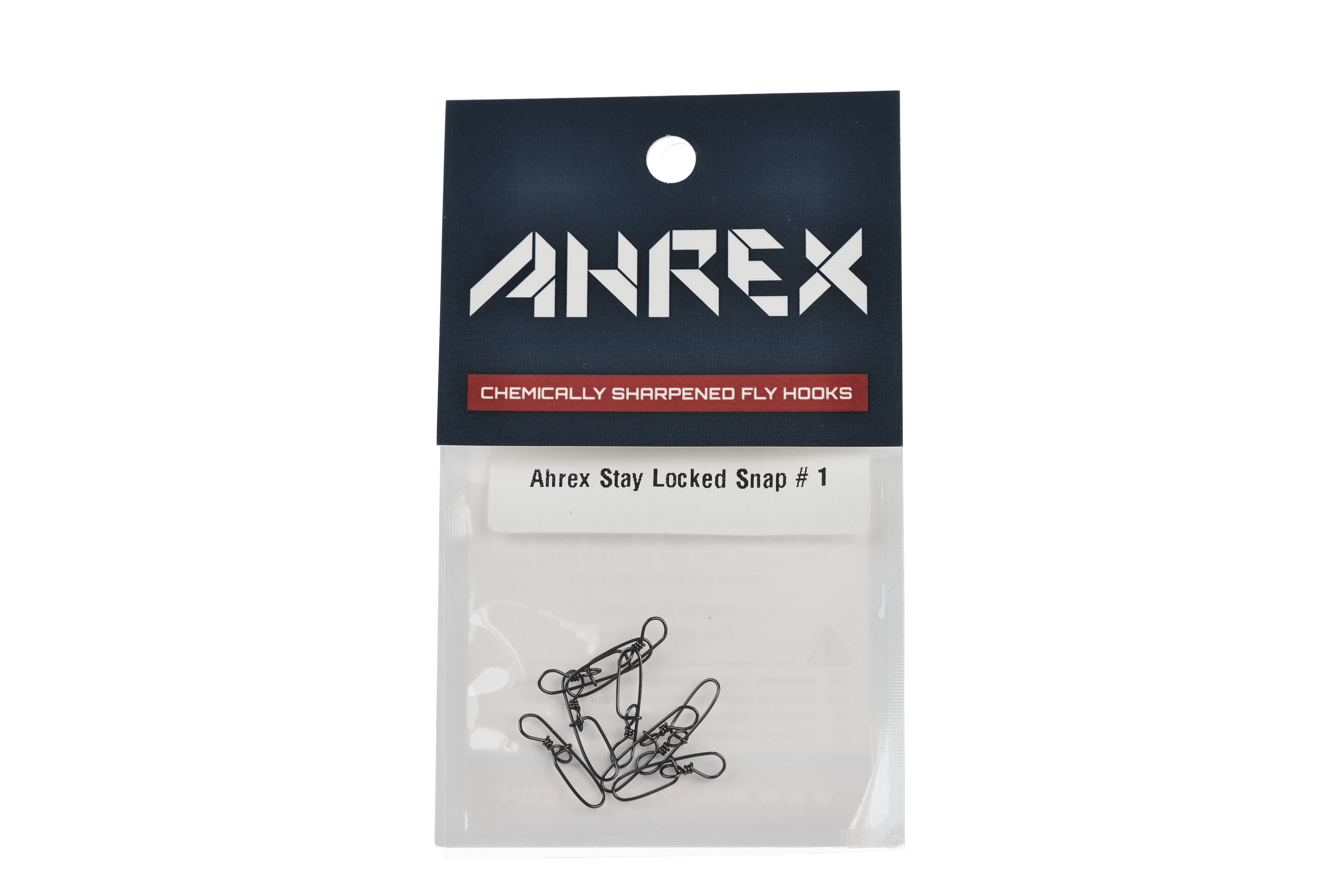 Ahrex Stay Locked snaps pack with navy header, white logo and red stripe, clear pouch showing black metal fishing snaps