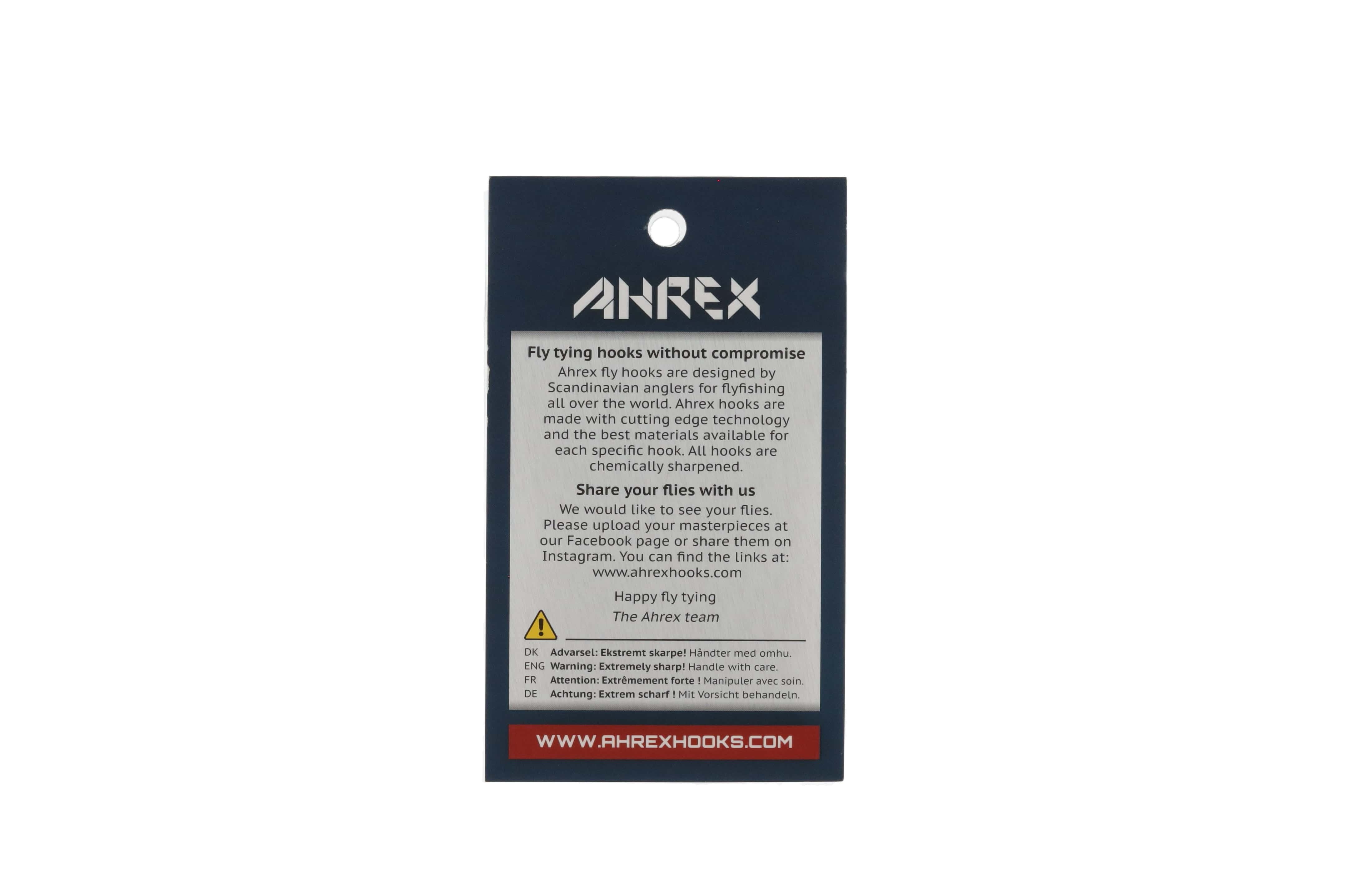 Ahrex tippet rings packaging: navy blue hanger card with white text panel, logo and red website strip