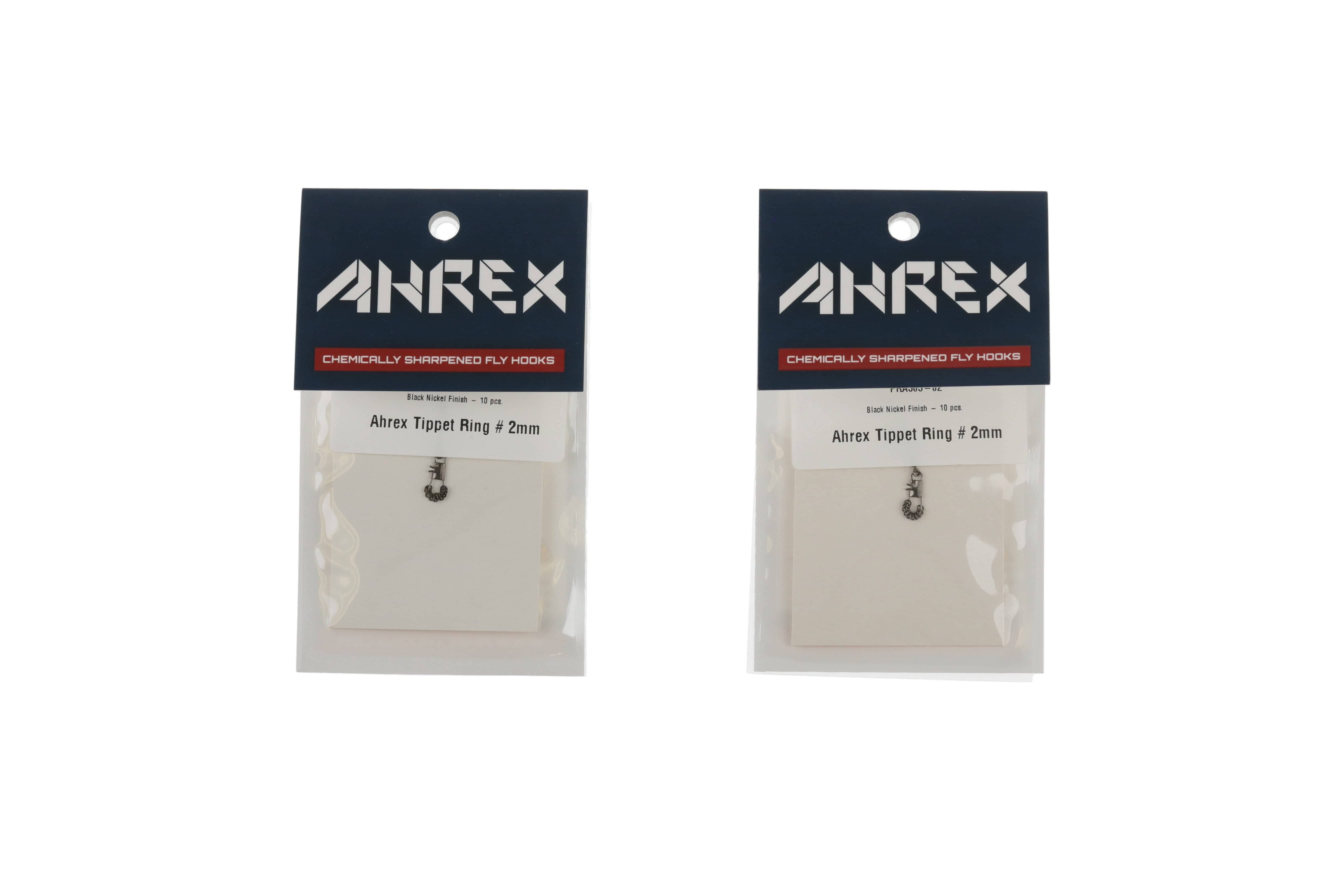 Two Ahrex tippet ring packs with navy headers and clear pouches showing small black-nickel 2mm metal rings