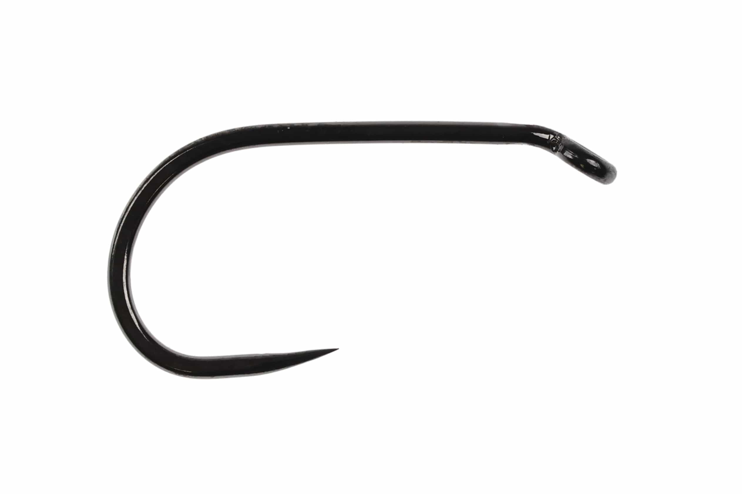 Ahrex barbless short-shank dry fly hook, black glossy finish, fine sharp point and turned-up eye