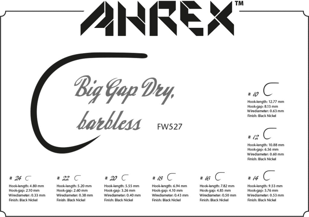Ahrex AFW527 Big Gap short shank dry fly hooks packaging, black nickel finish and stylized black hook on white