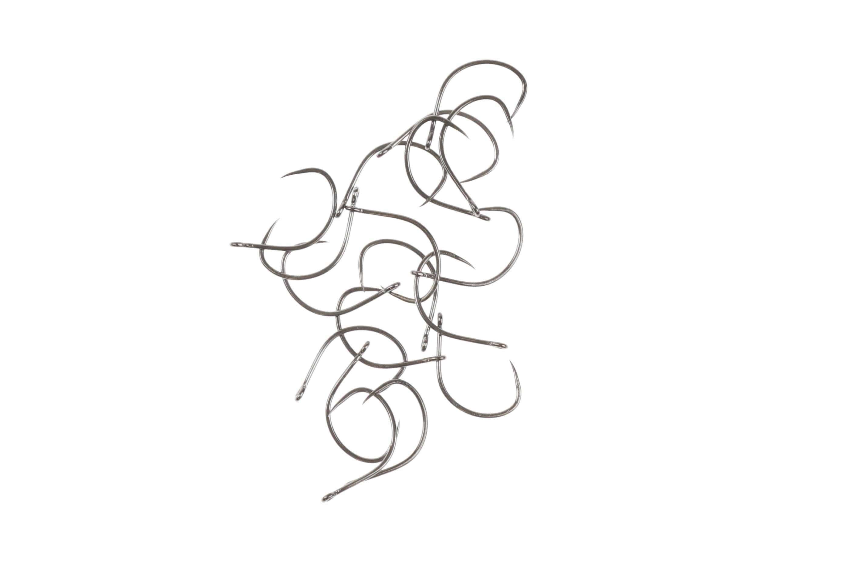 Ahrex AFW527 silver stainless steel big-gap short shank dry fly hooks clustered on white background