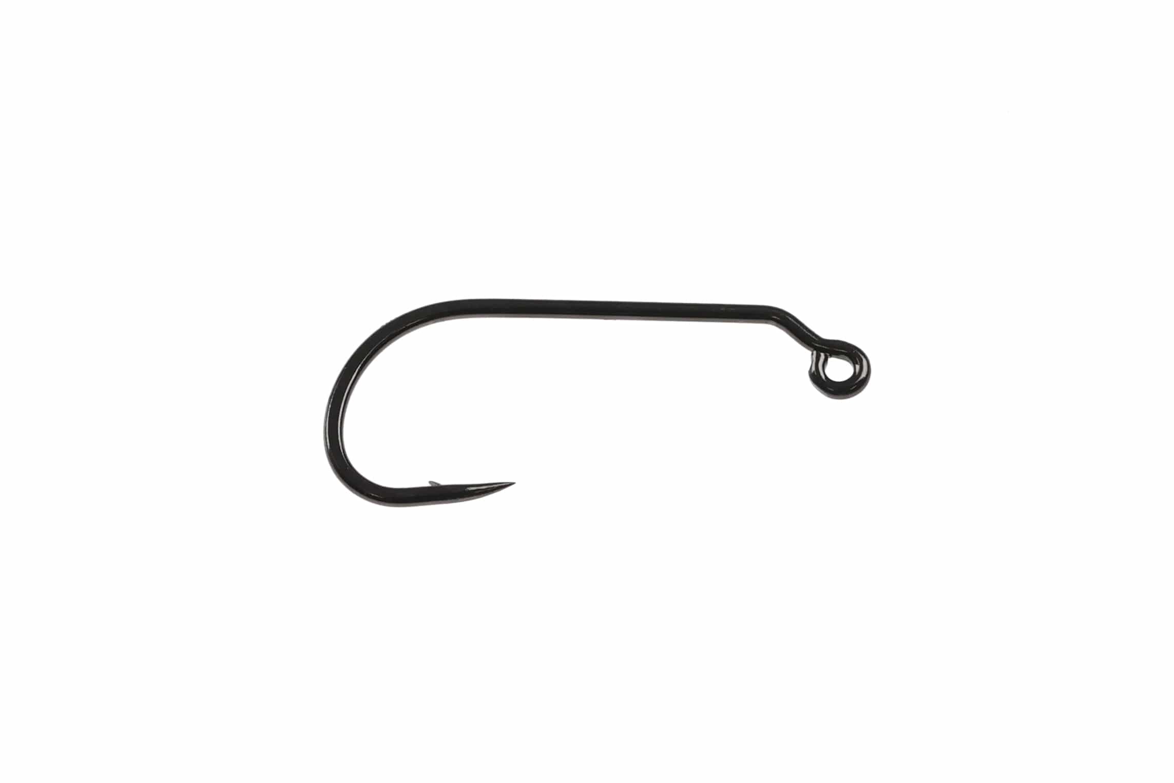 Ahrex black mini jig hook with up-eye, short curved shank and sharp point for fly tying