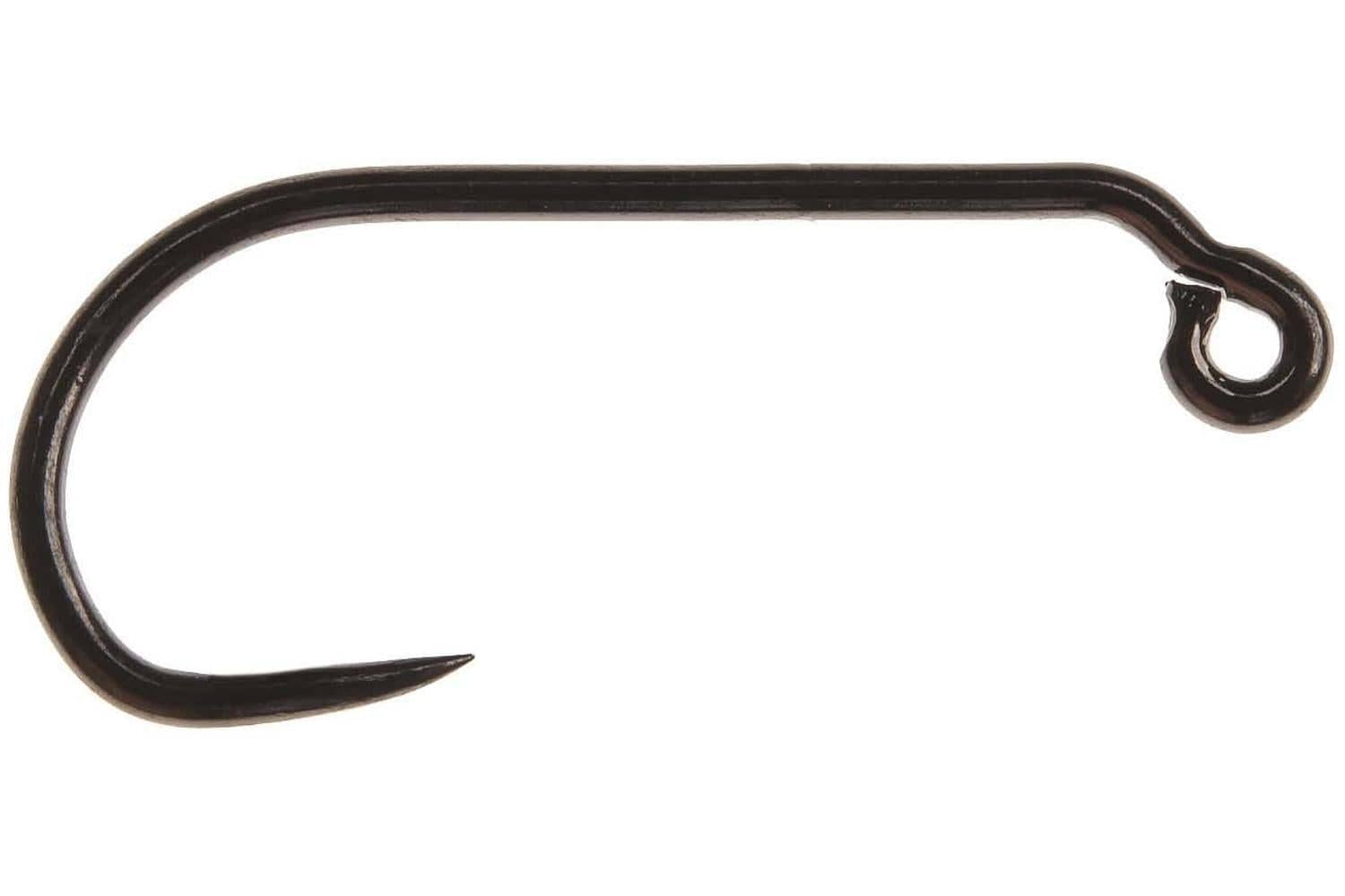 Black metal Ahrex mini jig hook with curved shank, sharp point and upturned loop eye for fly tying