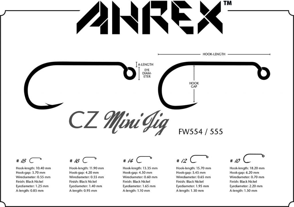 Ahrex CZ Mini Jig hooks schematic, black nickel short-shank jig hooks with upturned eye and size measurements, fly-tying