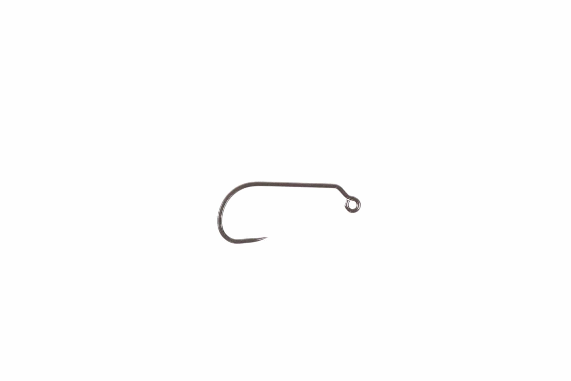 Ahrex AFW555 CZ mini jig hook, dark gunmetal steel with short curved shank, sharp point and turned-up eye for fly tying