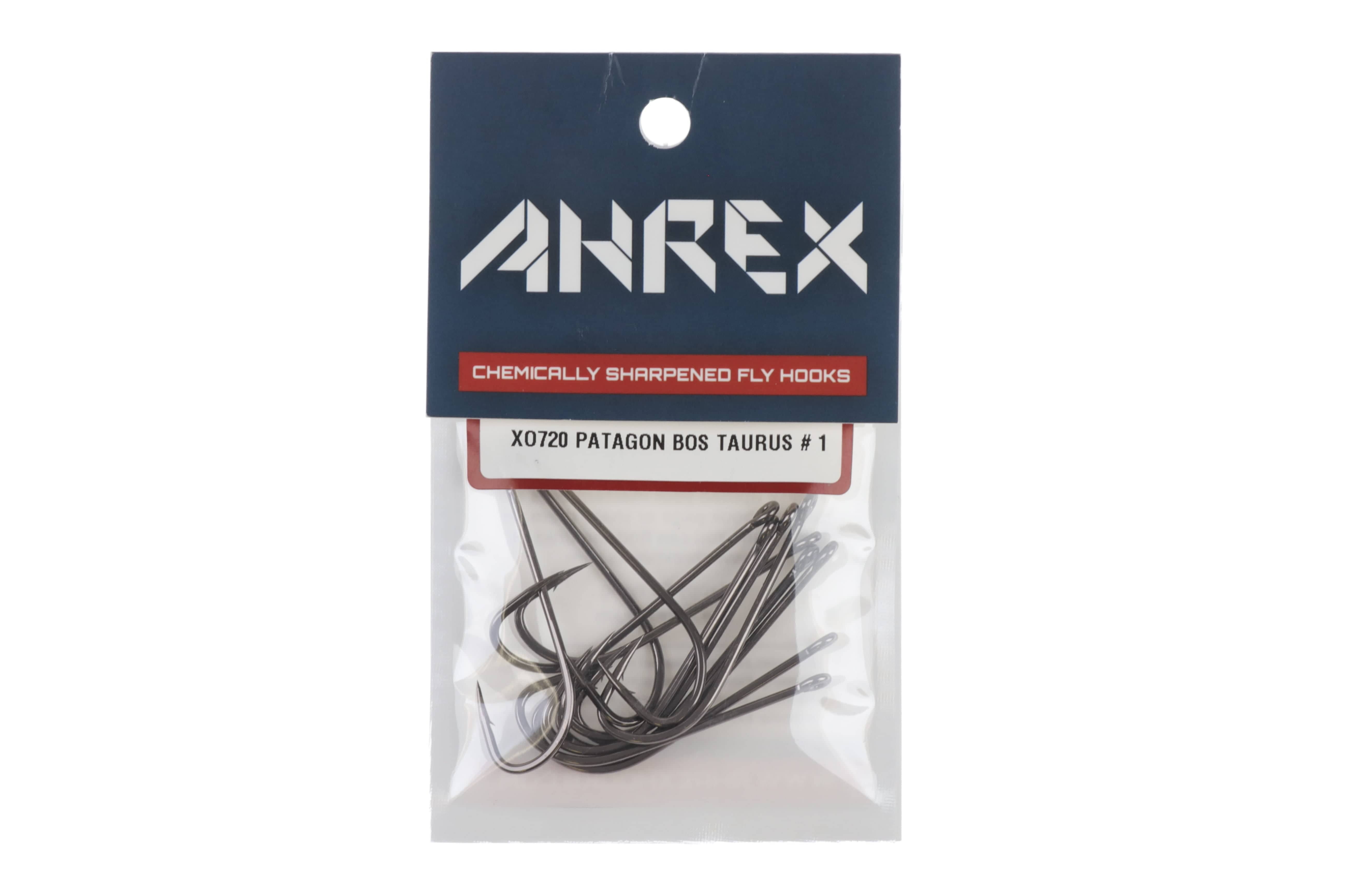 Ahrex Patagon Bos Taurus streamer hooks pack with dark nickel long-shank curved fly tying hooks visible through clear plastic
