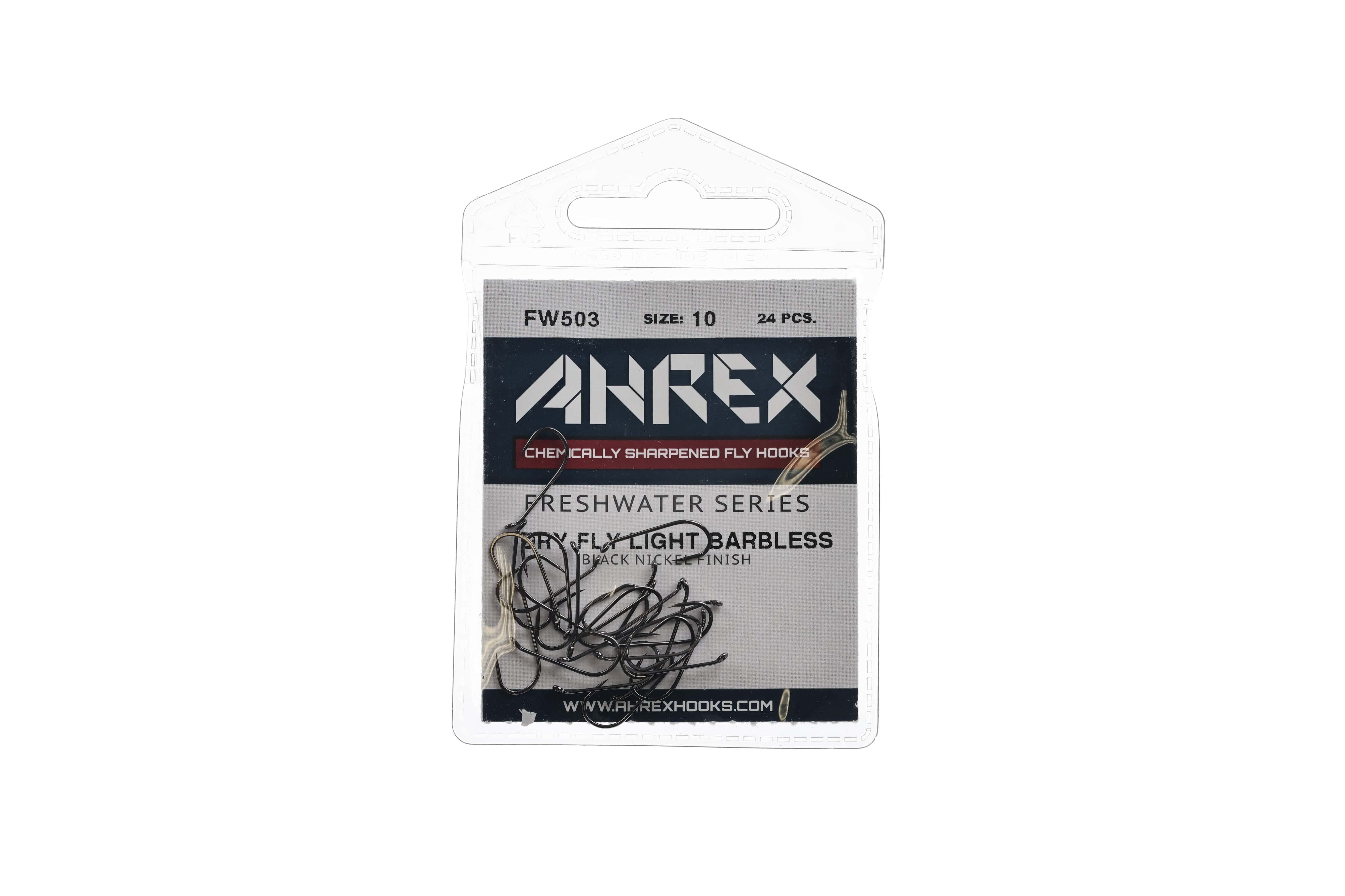 Ahrex FW503 size 10 black nickel barbless dry fly hooks in clear plastic pack showing clustered long-shank hooks