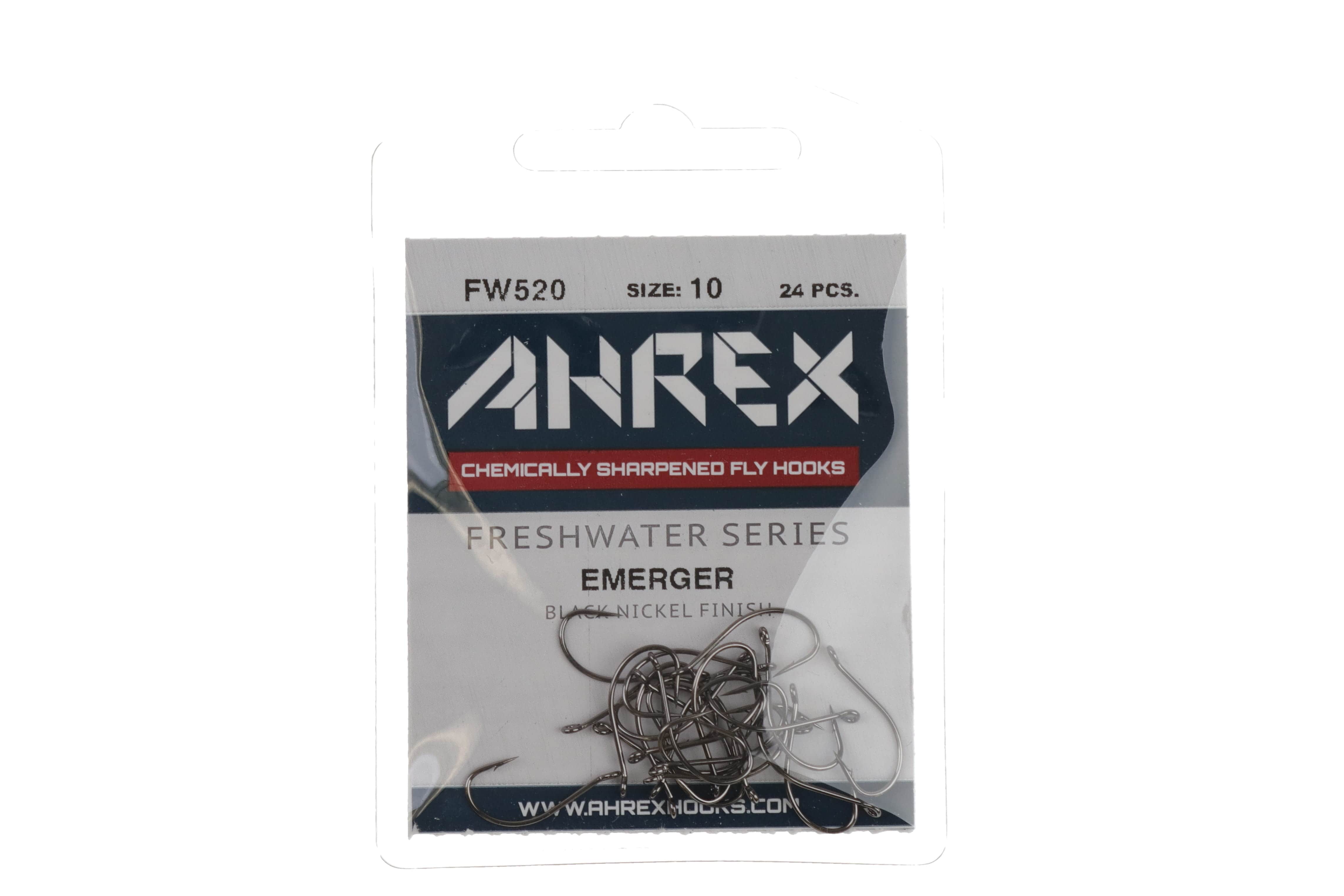 Ahrex FW520 emerger fly hooks in clear pack, black-nickel curved hooks, chemically sharpened, size 10