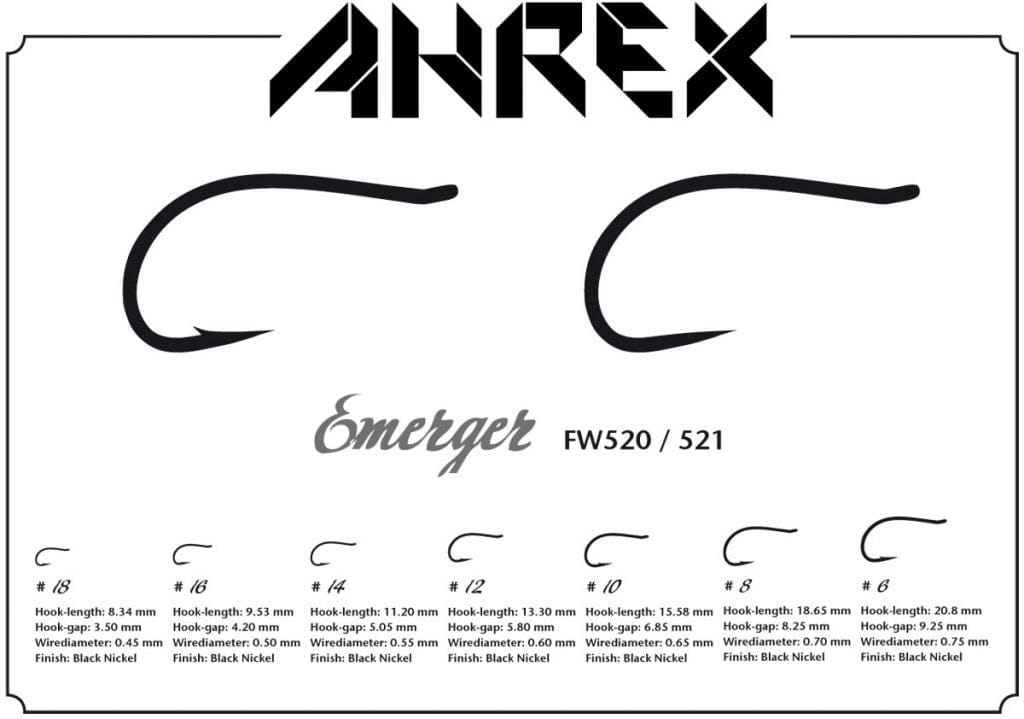Ahrex FW521 barbless emerger hooks in black nickel, curved fly-tying hooks with size chart for FW520/521