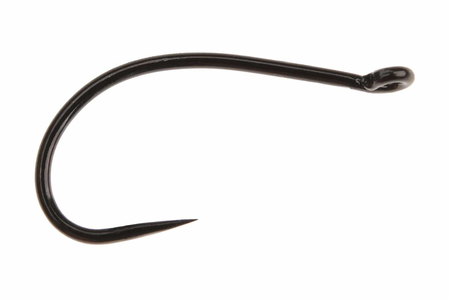 Black Ahrex FW521 barbless emerger hook, curved point and turned-up eye, long shank for fly tying