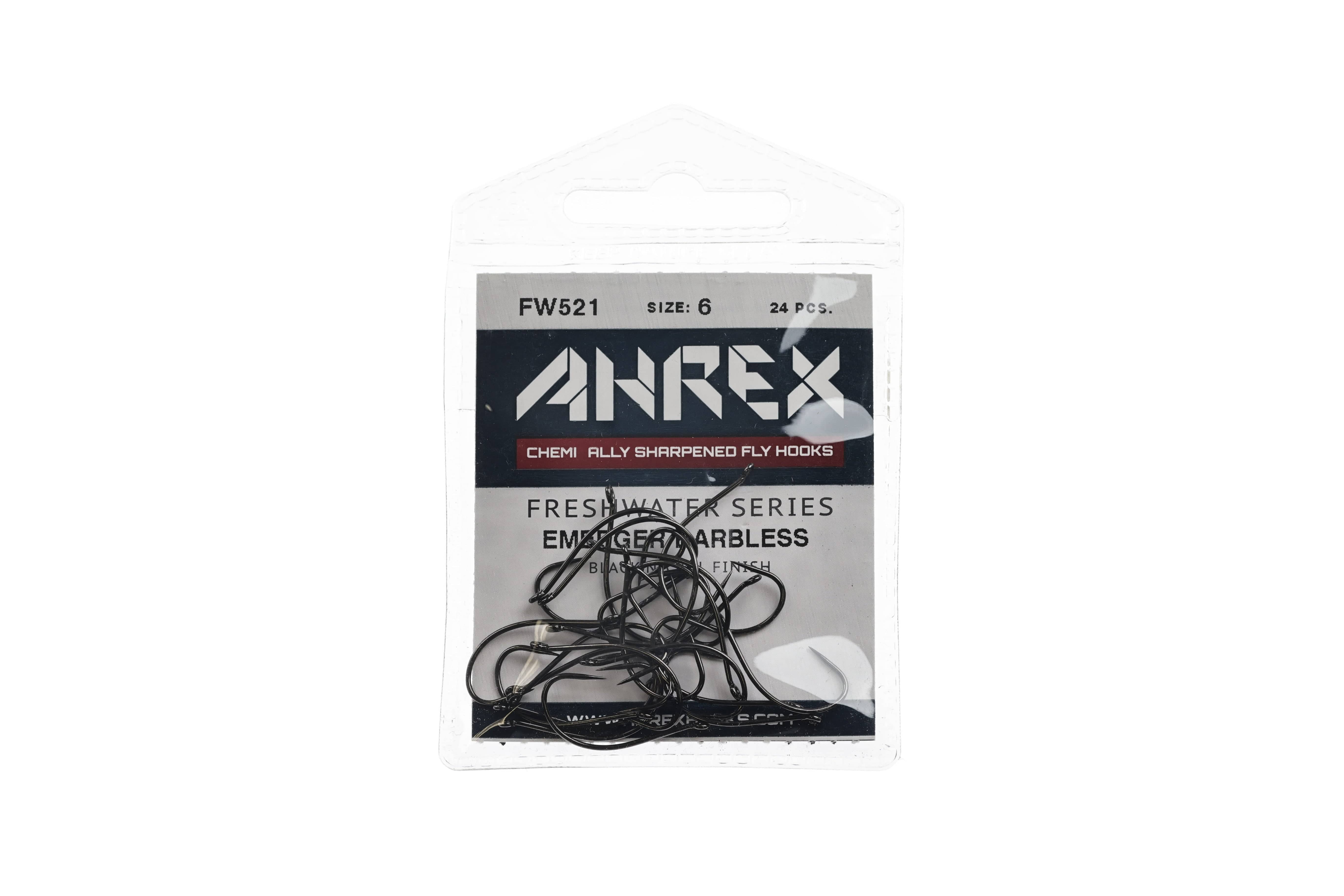 Ahrex FW521 barbless emerger fly hooks in clear blister pack, black chemically sharpened hooks visible, size 6 label