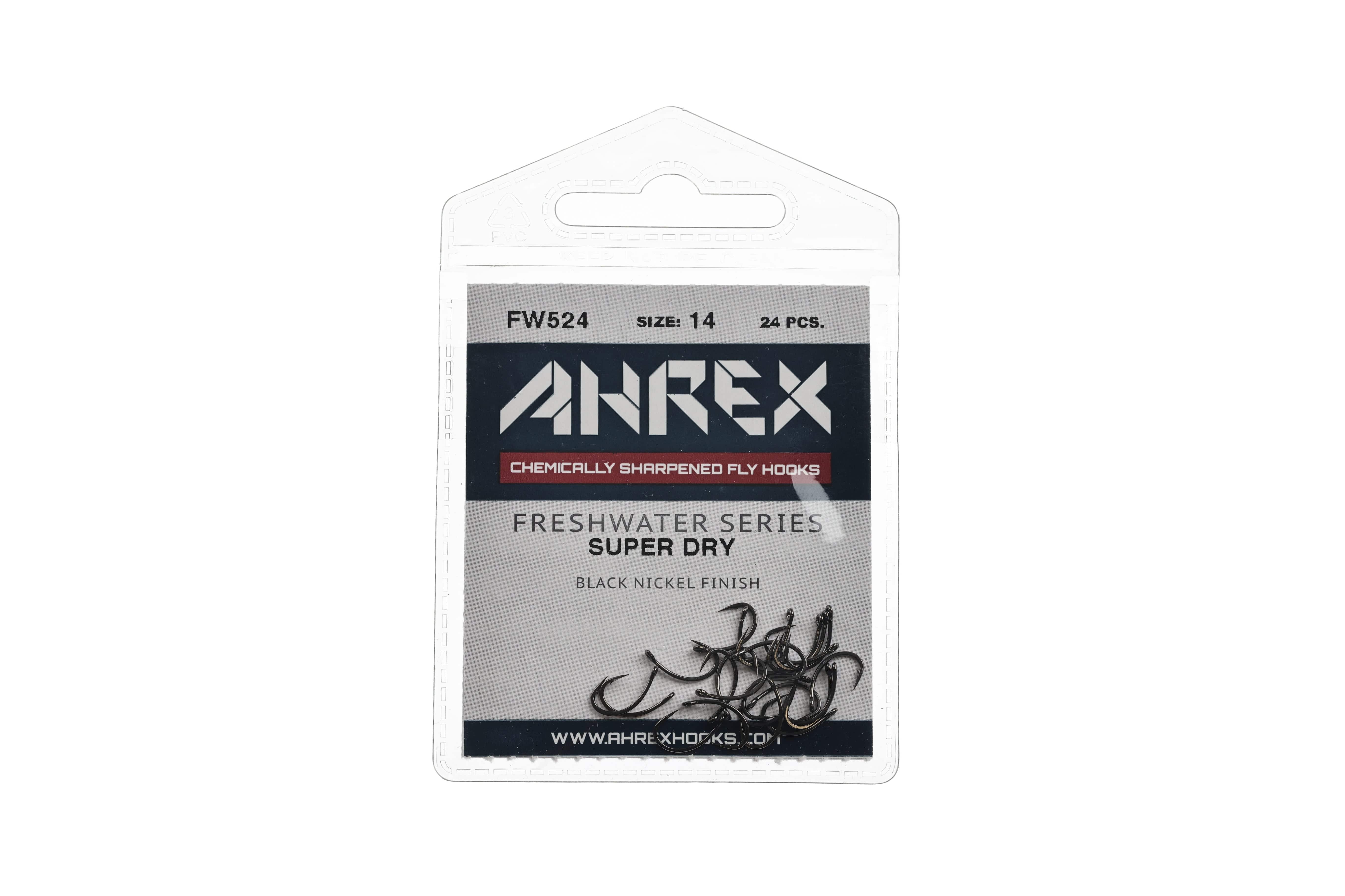 Ahrex FW524 size 14 black-nickel super dry fly hooks in clear retail card, scattered small curved hooks for fly tying