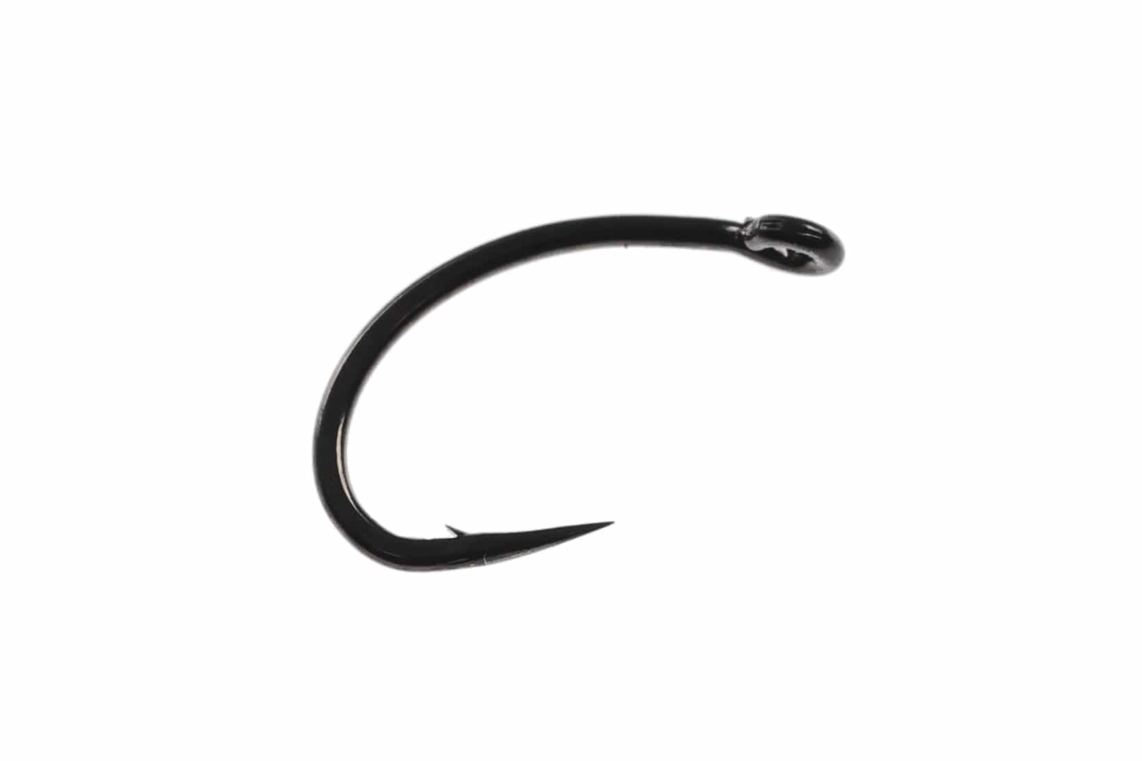 Ahrex FW524 Super Dry black curved fly tying hook with wide gap, barbed point and turned eye, glossy finish