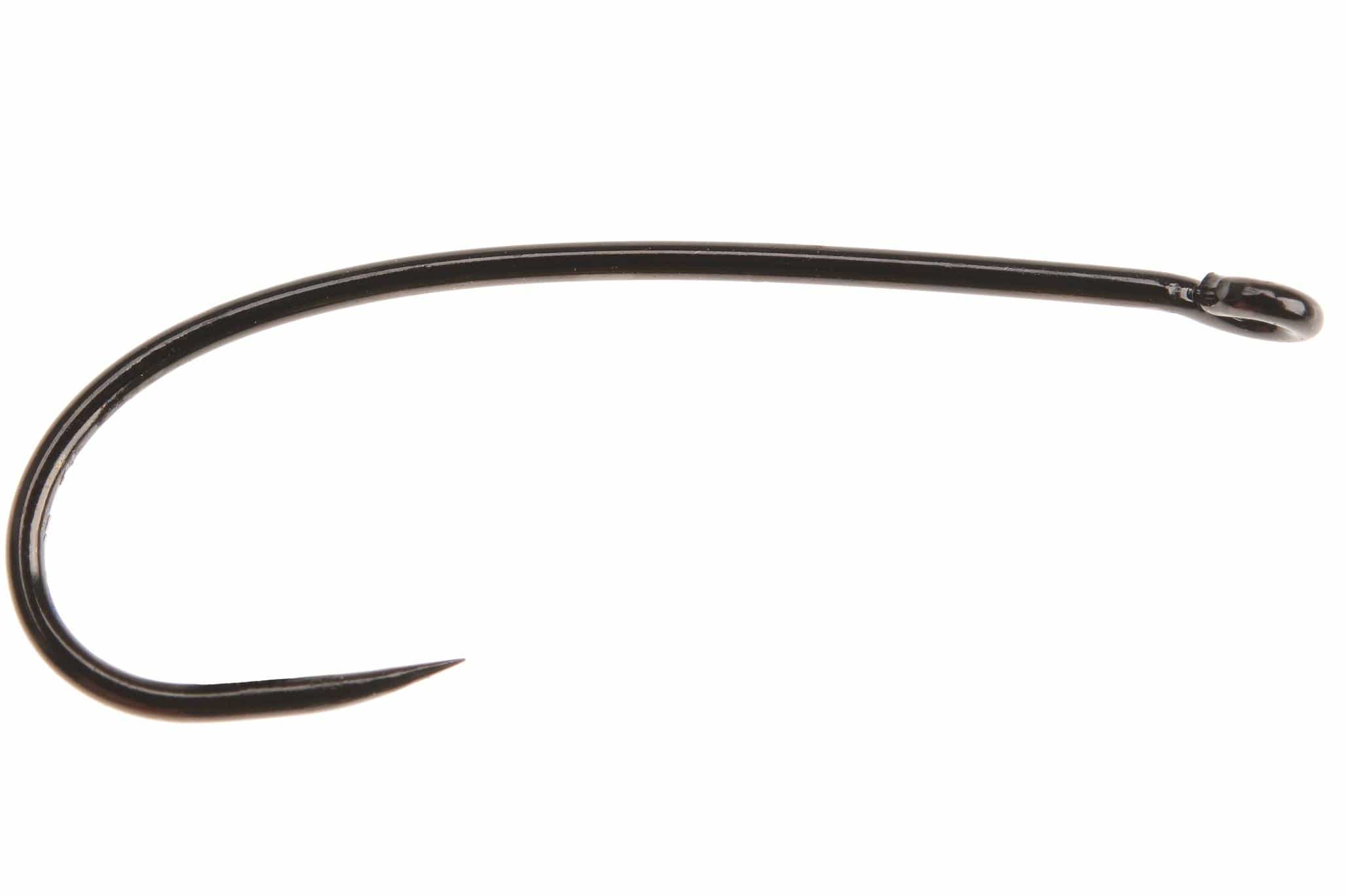 Black barbless Ahrex FW531 dry sedge fly tying hook, glossy metal with curved long shank and sharp point