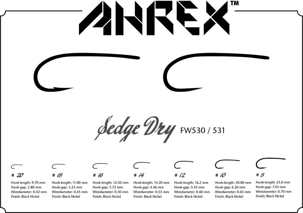 Ahrex FW531 black nickel barbless dry sedge hook, curved long-shank fly-tying hook for dry flies