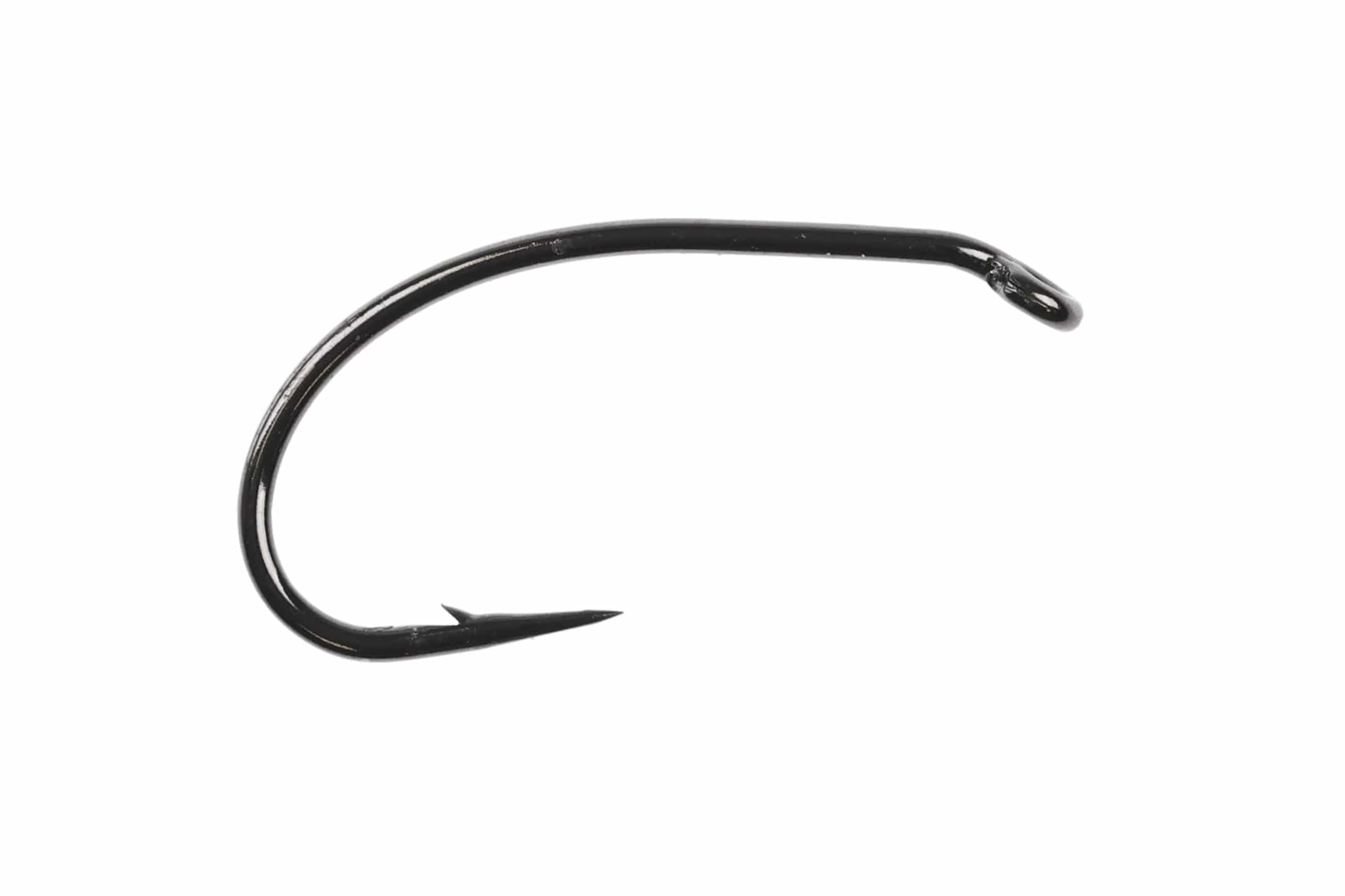 Glossy black Ahrex FW540 curved nymph hook with forged metal shank, wide gape, needle point and small barb