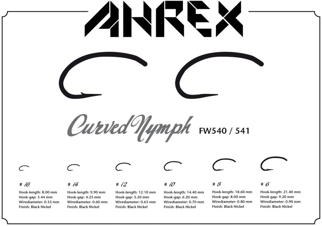 Ahrex black nickel barbless curved nymph hooks showing two hook silhouettes and size/specs for fly tying