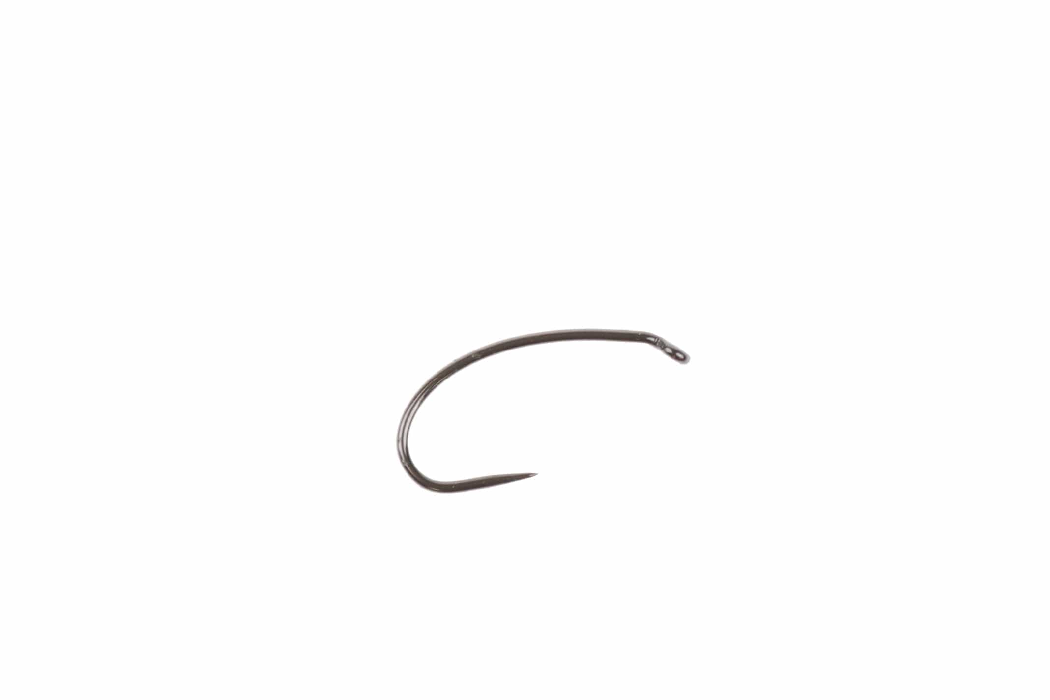 Ahrex FW541 barbless curved nymph hook in dark gunmetal steel with wide curved shank, slim point and welded eye for fly tying