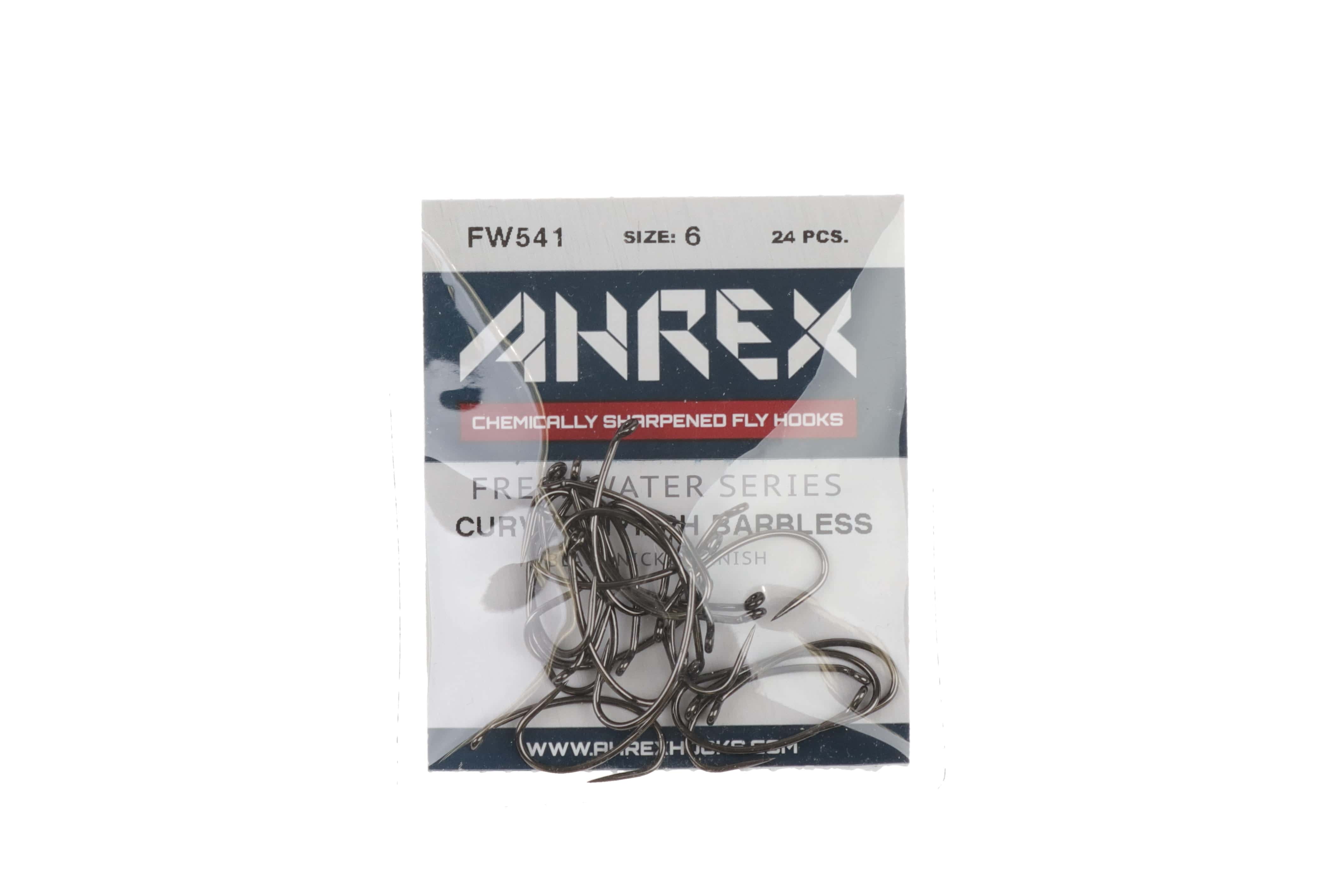 Ahrex FW541 curved barbless nymph fly hooks in clear pack, gunmetal stainless finish, size 6 label visible