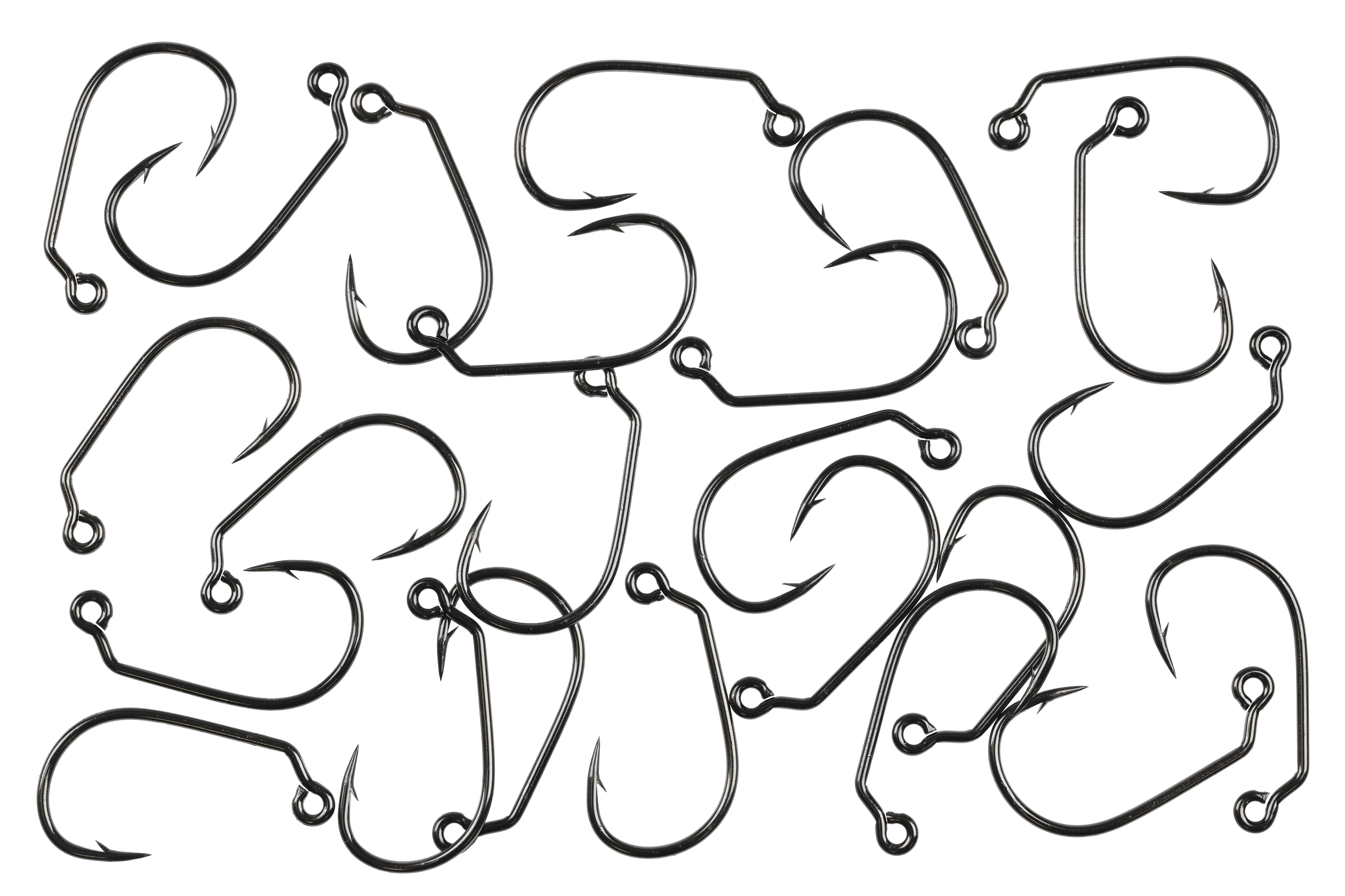 Scattered Ahrex FW550 black nickel mini jig hooks with upturned eyes, short shanks and barbed points for fly tying