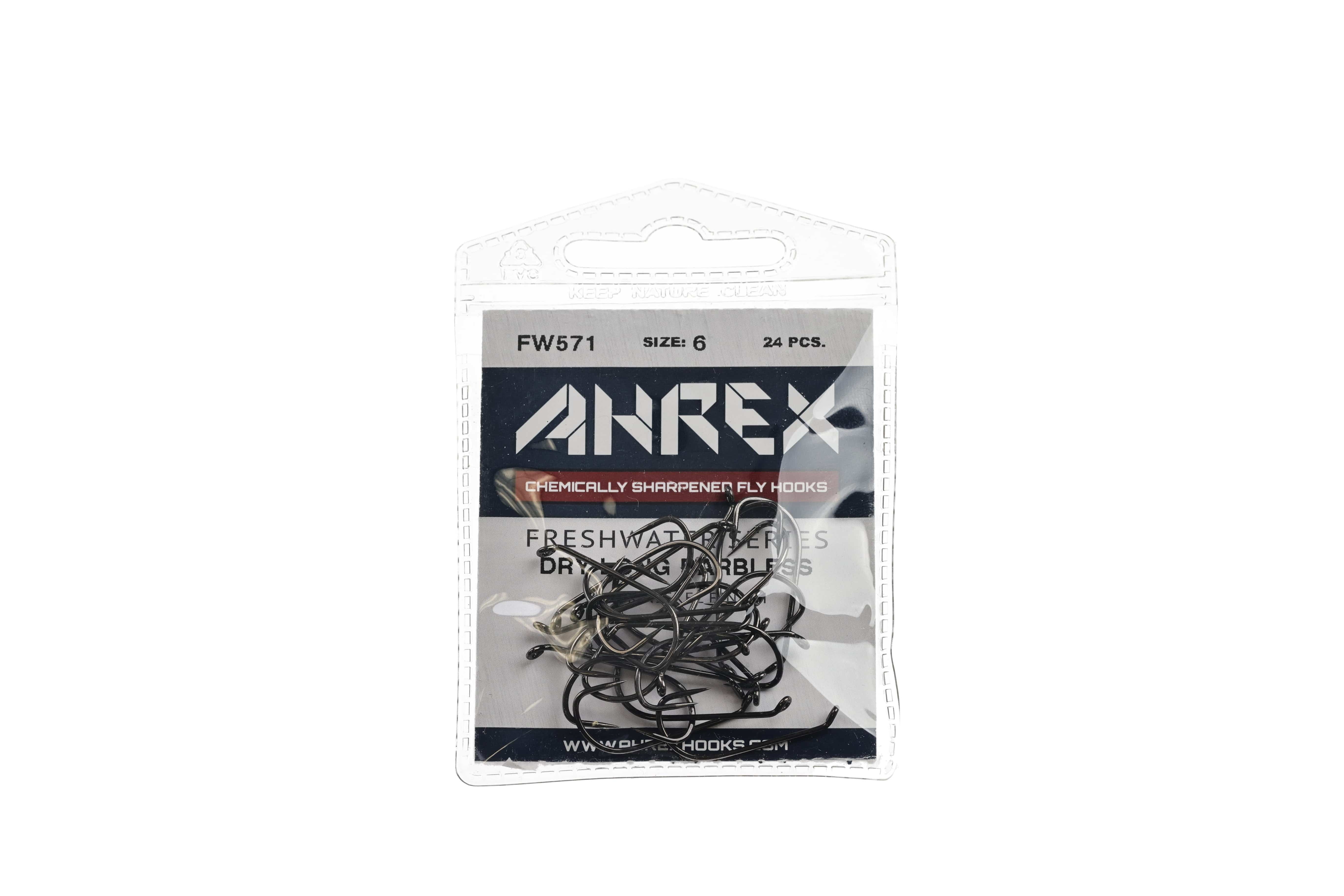 Ahrex FW571 long barbless dry fly hooks pack - black chemically sharpened long-shank steel hooks, size 6, clear blister pack