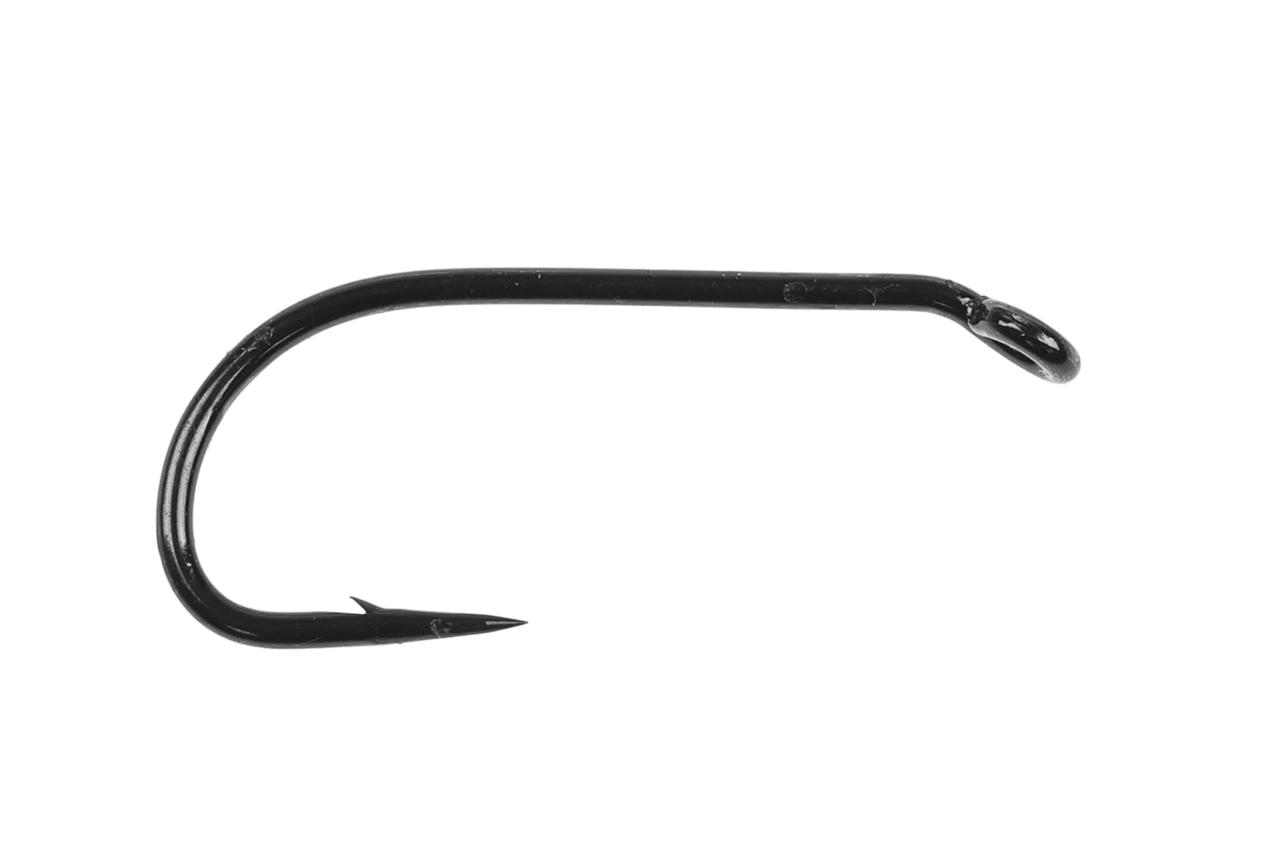 Ahrex FW580 black wet fly hook with curved shank, barbed point and glossy black finish for fly tying