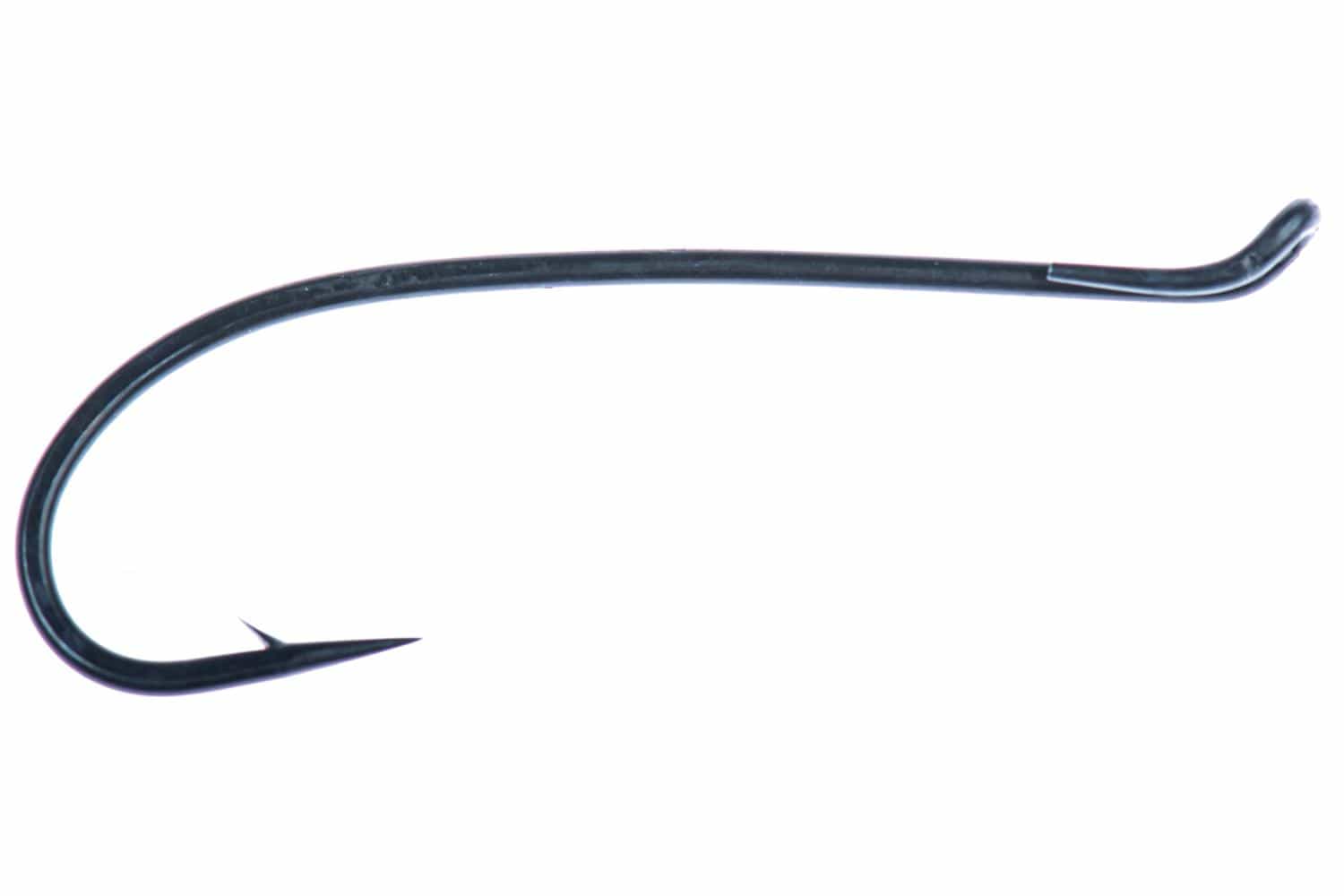 Matte black Ahrex HR412 low-water single salmon hook with long shank and barbed point for fly tying