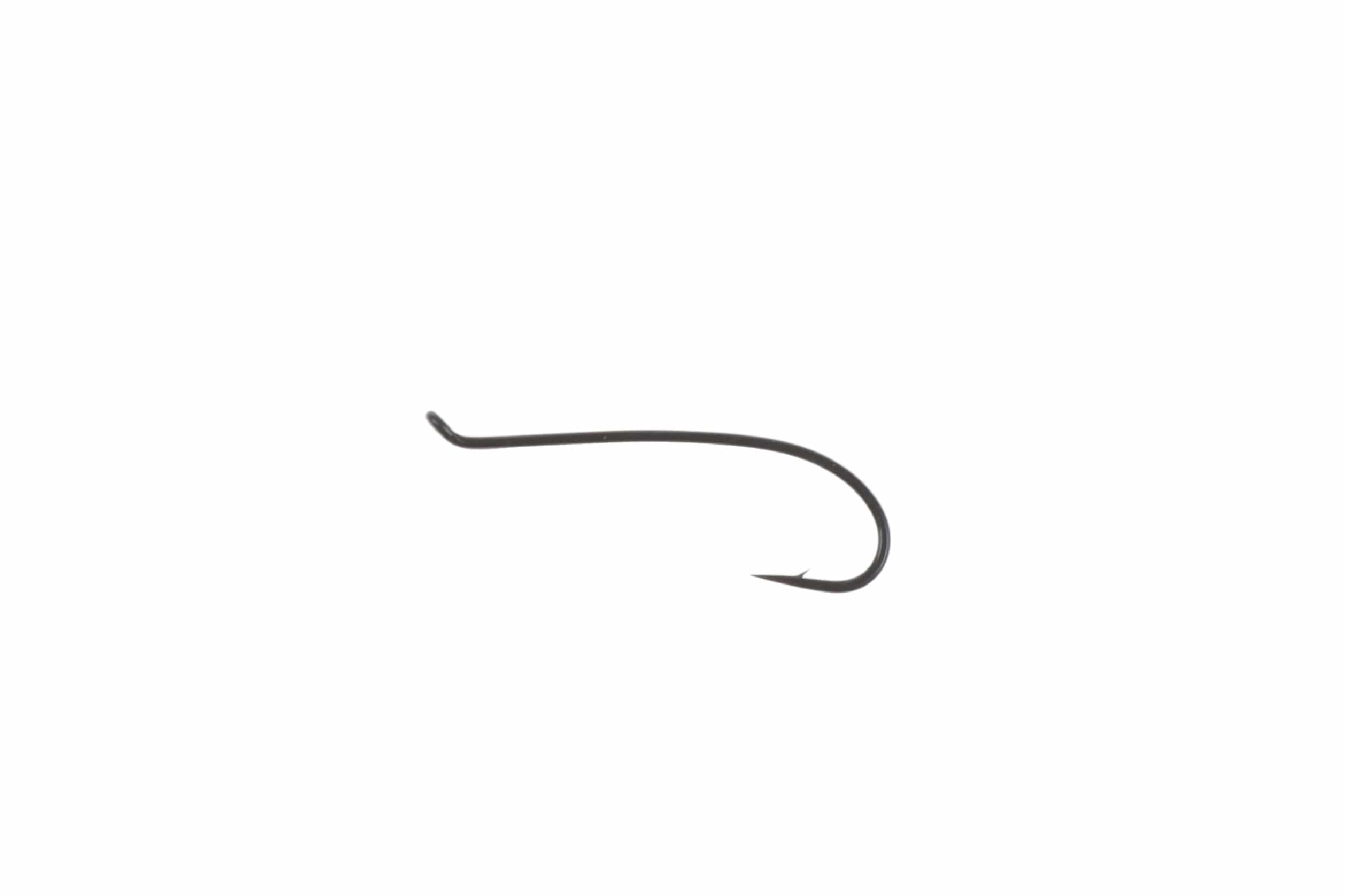 Black matte Ahrex HR412 low-water single salmon hook, curved shank with turned-down eye and sharp barbed point for fly tying