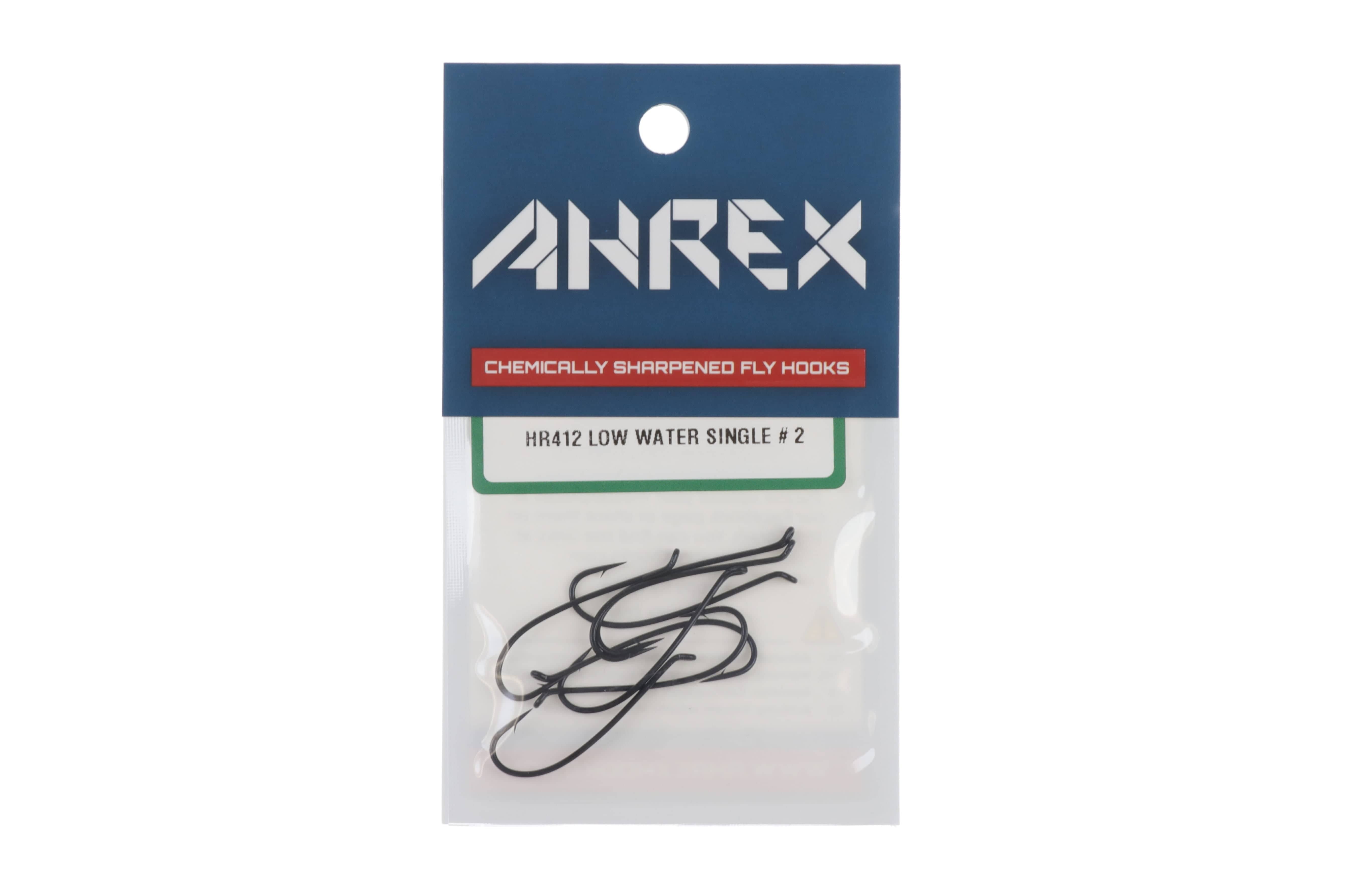 Ahrex HR412 low water single black salmon fly hooks in clear pack with blue header and red chemically sharpened label