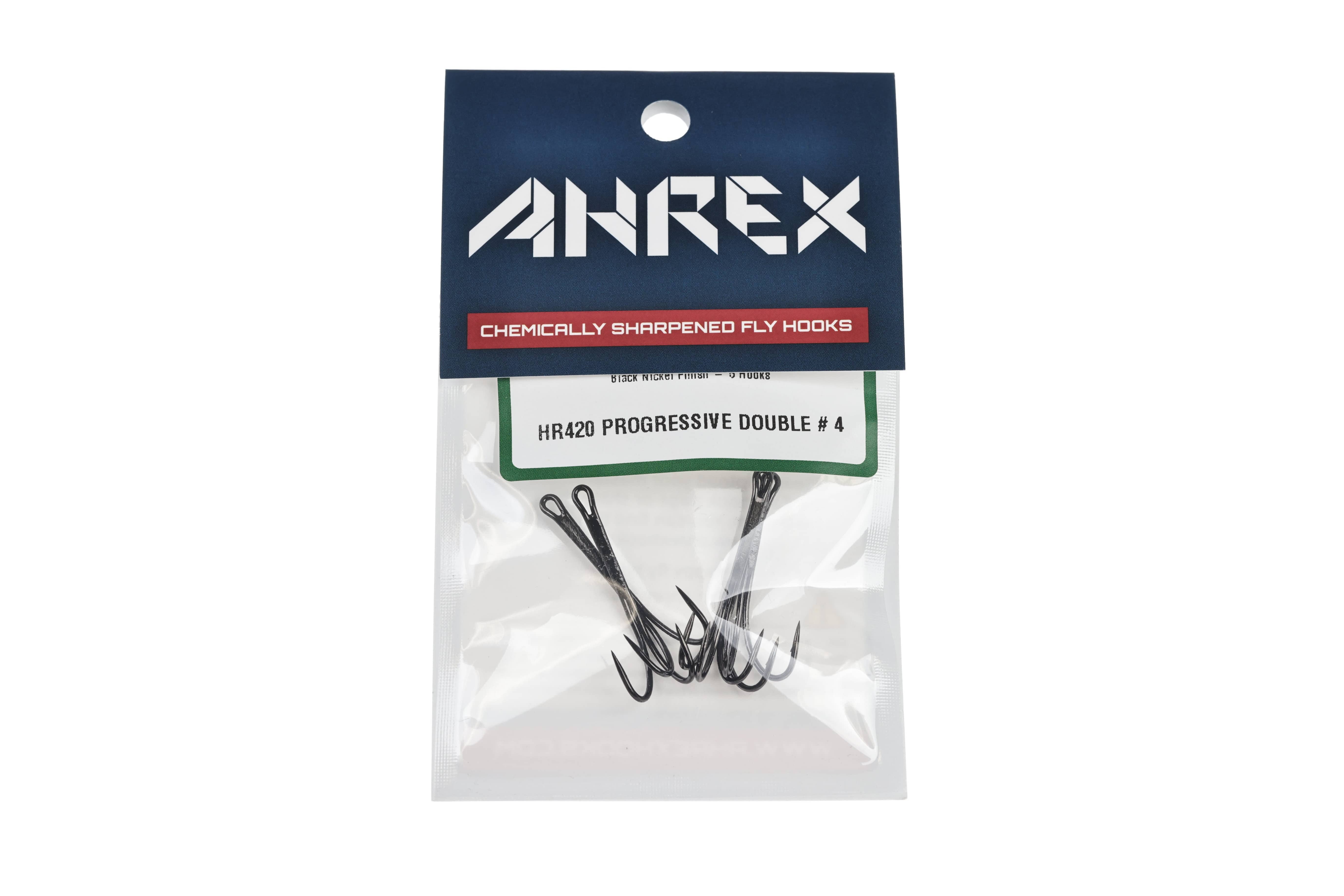 Ahrex HR420 black nickel progressive double fly hooks in clear plastic pack with navy header and chemically sharpened label