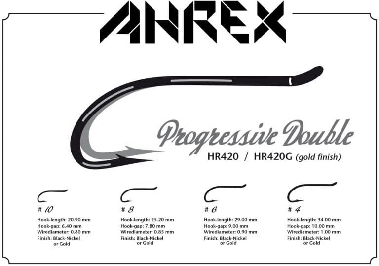 Ahrex HR420G progressive double hooks for fly tying, black-nickel finish illustration with sizes #10, #8, #6, #4