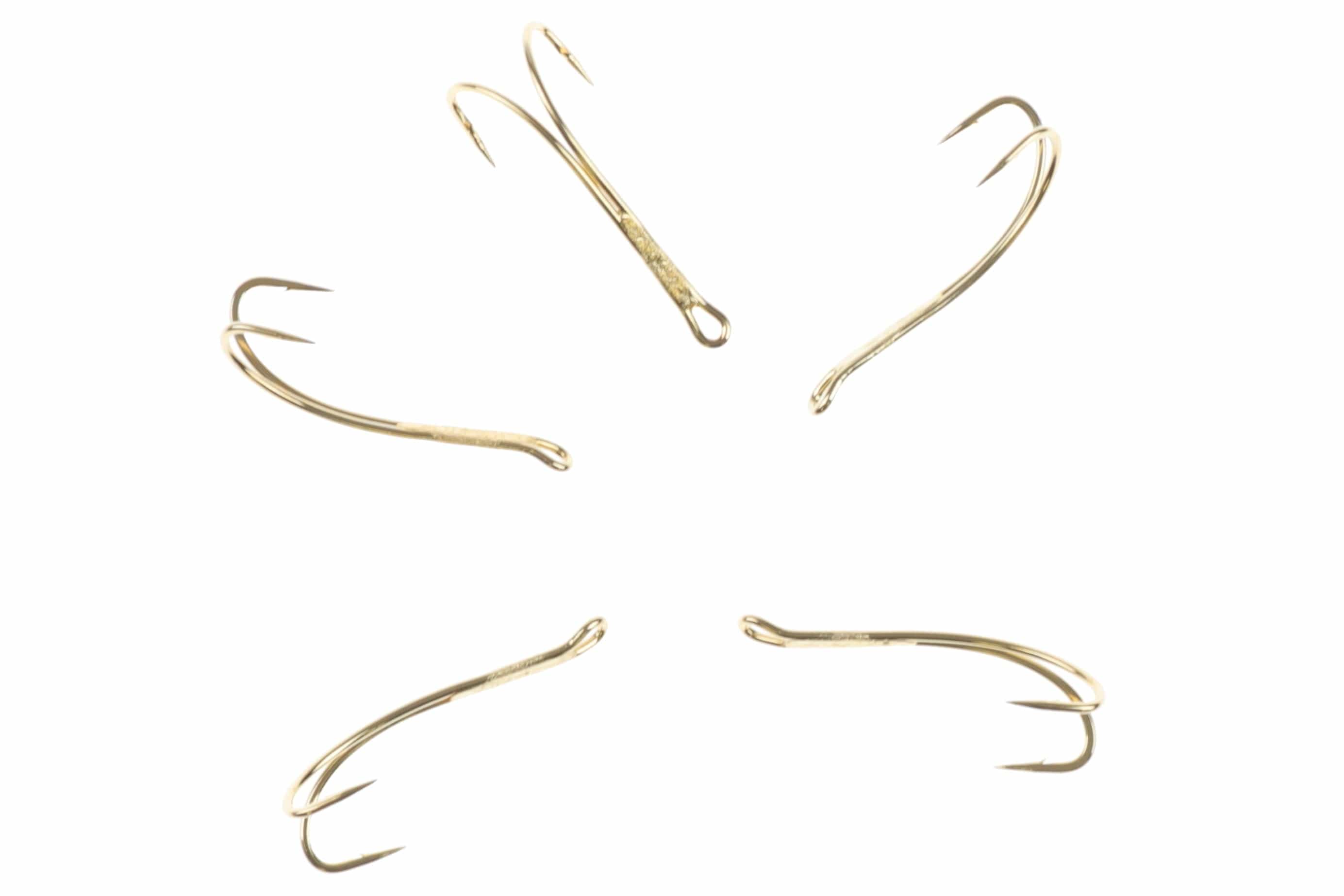 Gold-finish Ahrex HR420G progressive double hooks with long shanks and small eyes for fly tying