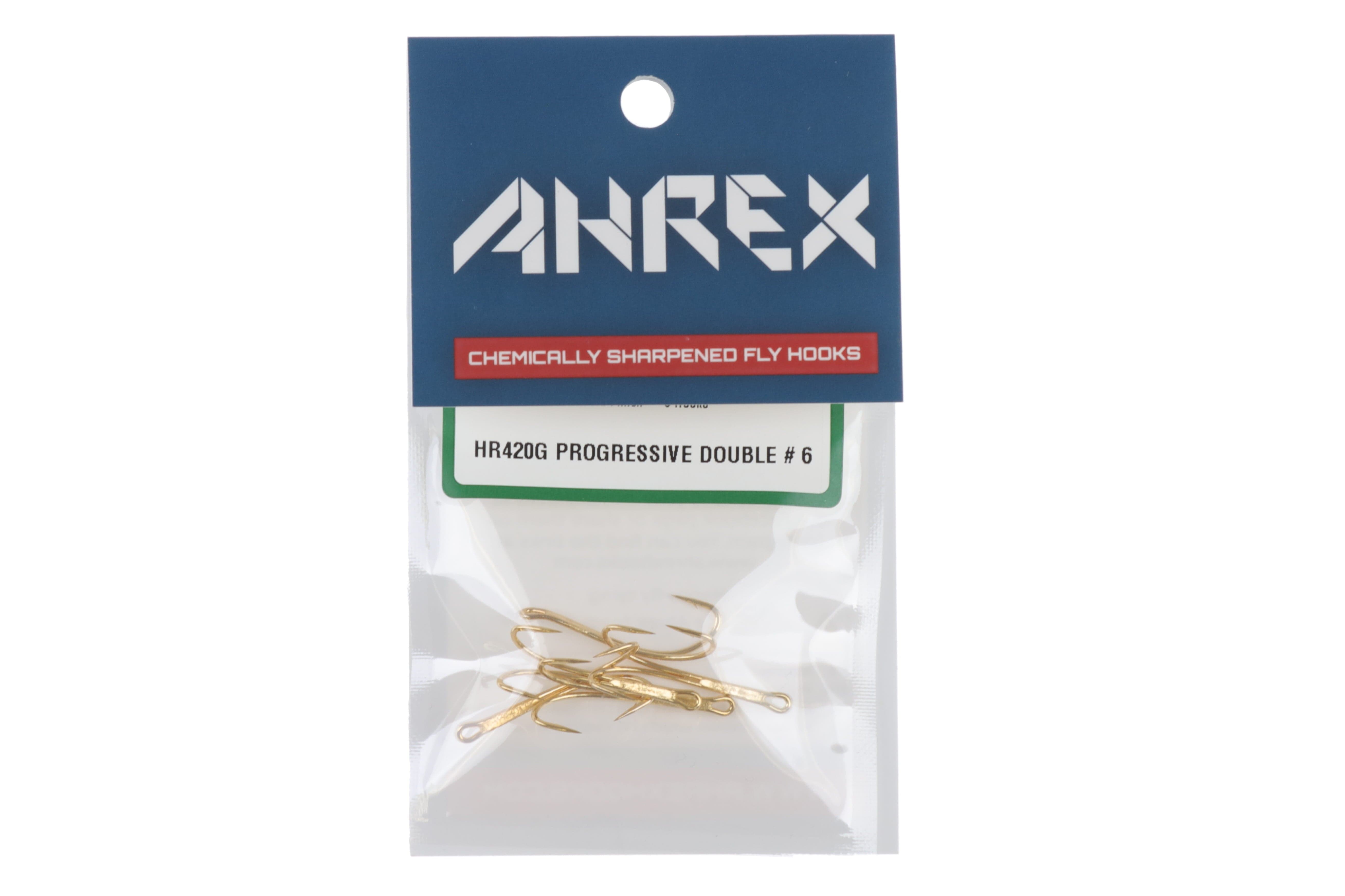 Ahrex HR420G progressive double gold fly hooks in clear pack, shiny gold metal hooks under blue header