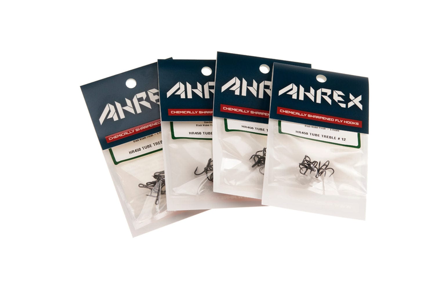 Ahrex HR450 black nickel tube treble hooks in clear retail packs with navy blue headers, fly tying hooks