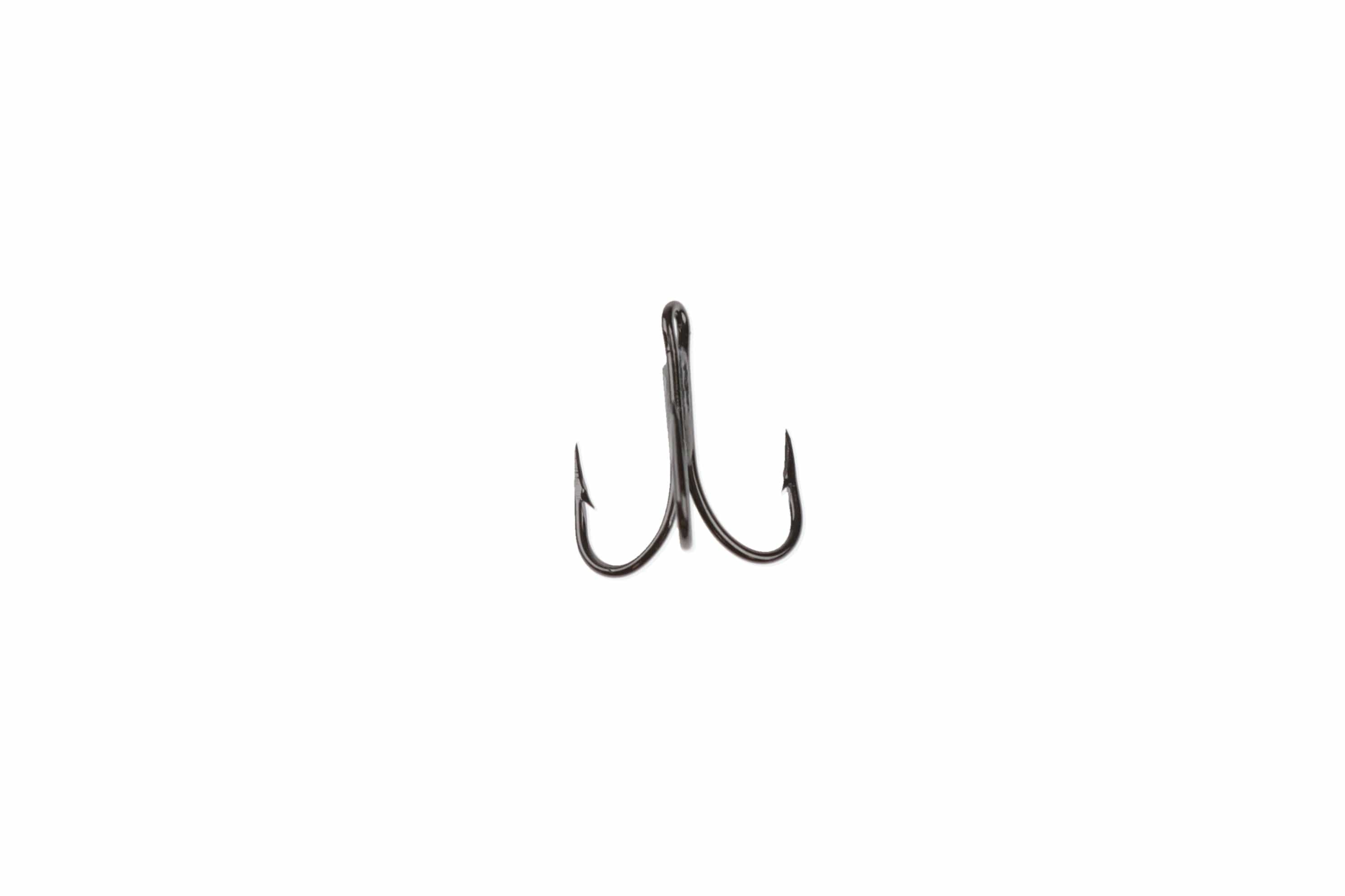 Black shiny Ahrex HR450 tube treble hook with three barbed curved points and tubular eye, steel finish for fly tying